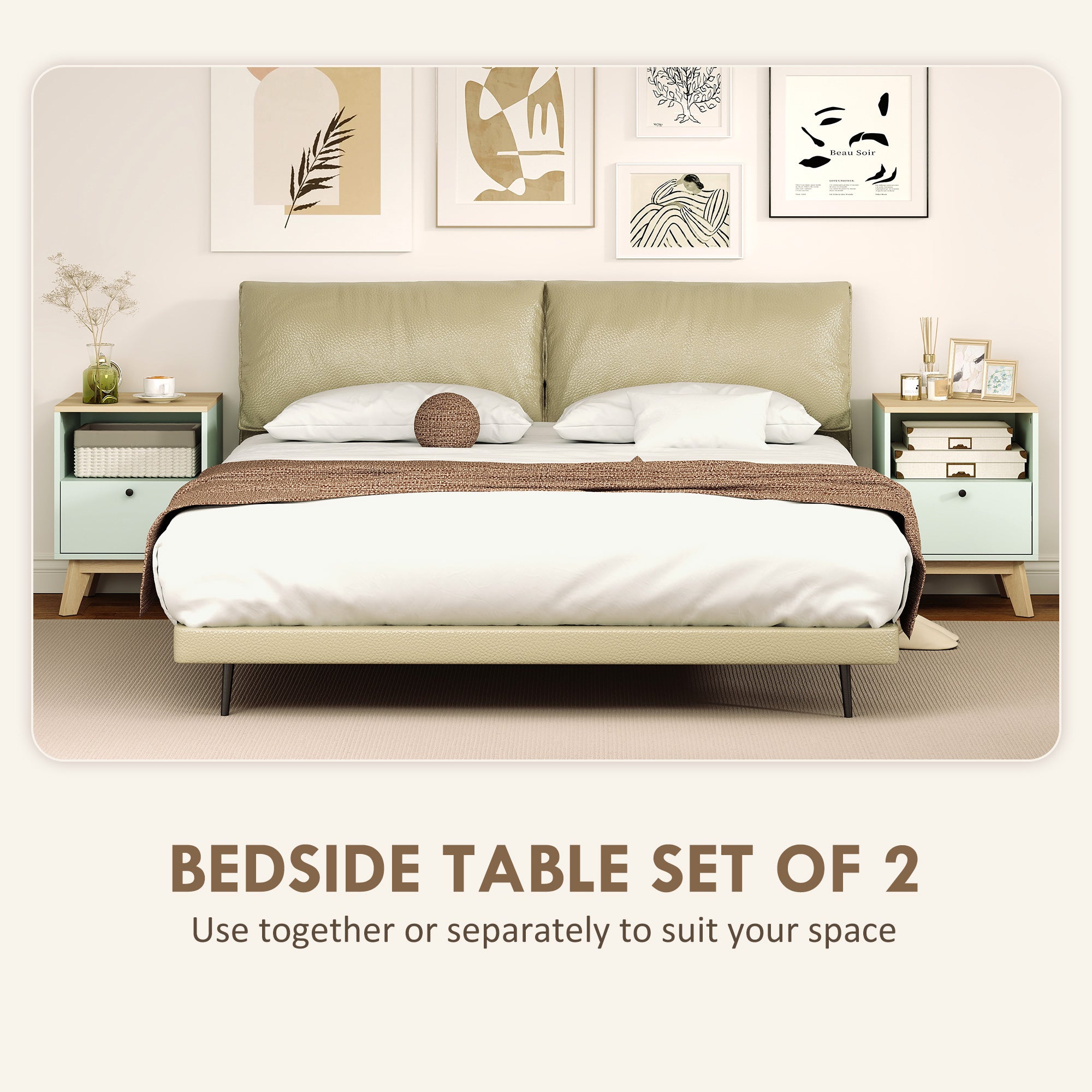 Modern Nightstand Set of 2, Bedside Table with Drawer and Open Shelf, Side End Table for Bedroom, Light Green