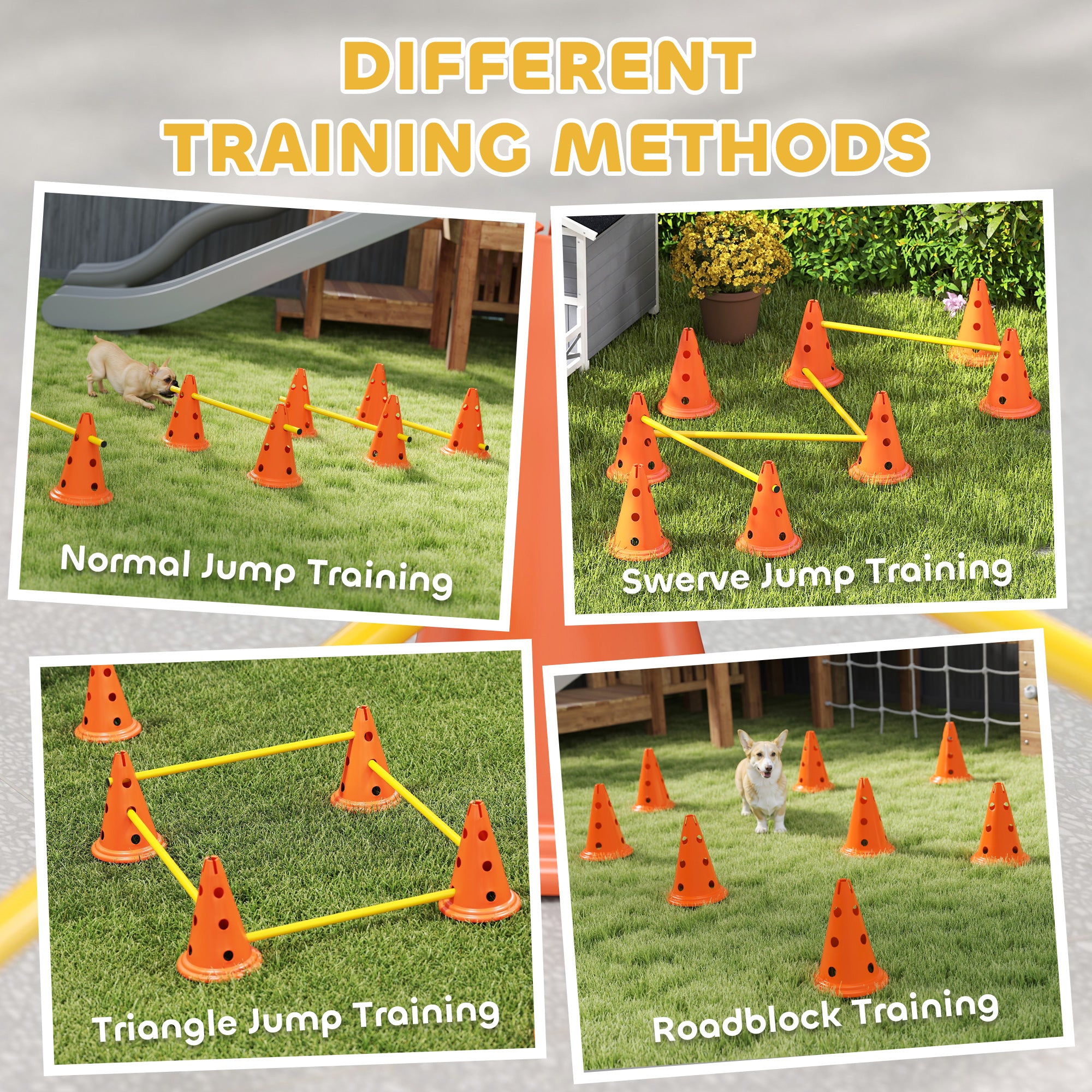 Dog Agility Equipment Set of Eight Cones, Eight Poles w/ Carry Bag, Four-Piece Adjustable Height Jumping Obstacles