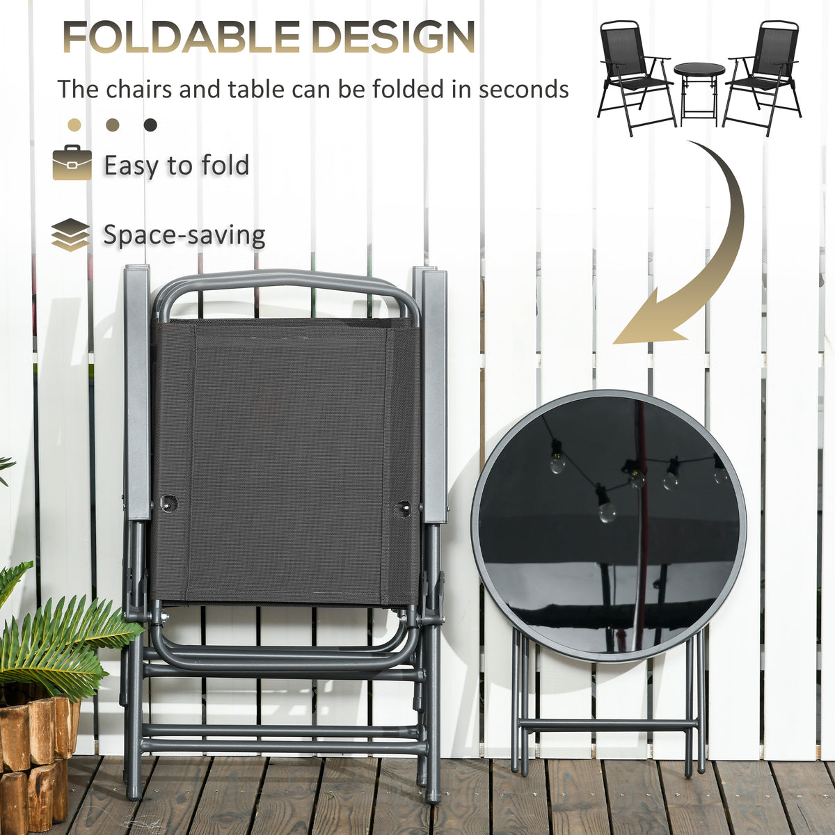 Three-Piece Foldable Garden Seat Set with Glass-Top Table - Black