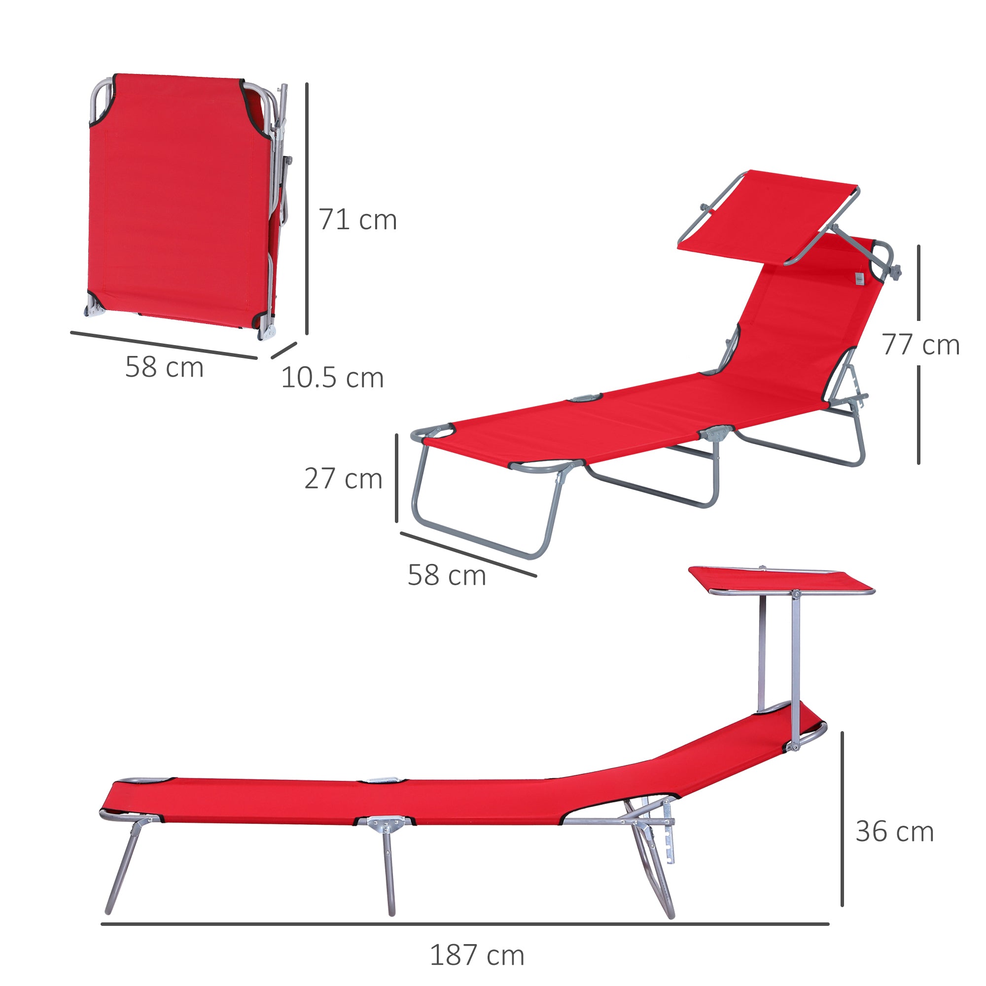 2 Piece Folding Sun Lounger, Lounge Chairs Reclining Sleeping Bed with Adjustable Sun Shade Awning for Beach, Patio