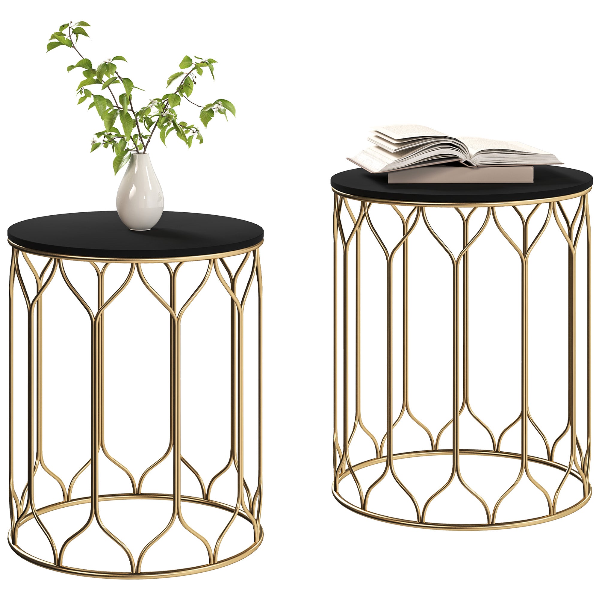 Set of 2 Nesting Garden Side Tables with Ceramic Tile Top - Black