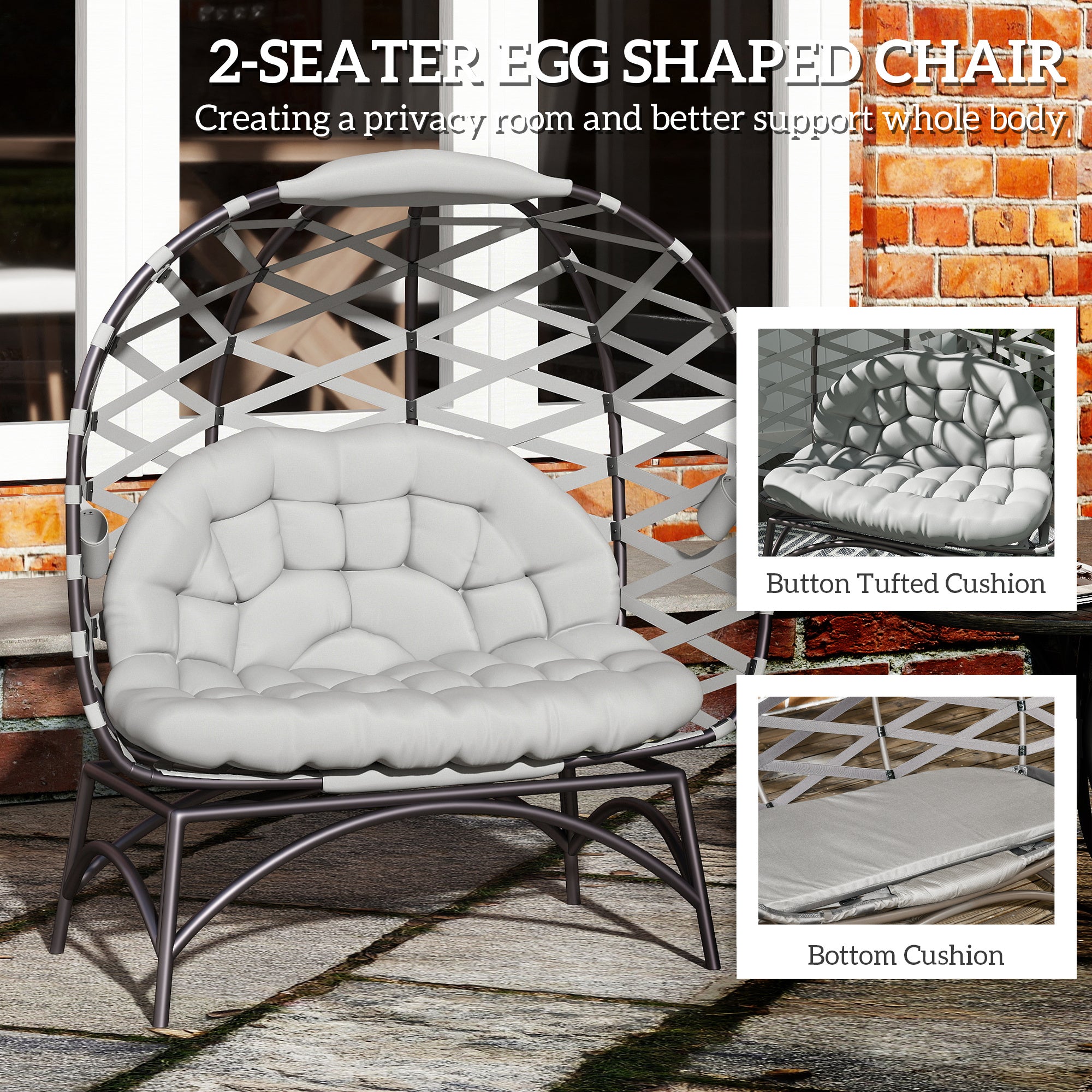 2 Seater Folding Egg Chair with Cushions and Cup Pockets - Light Grey