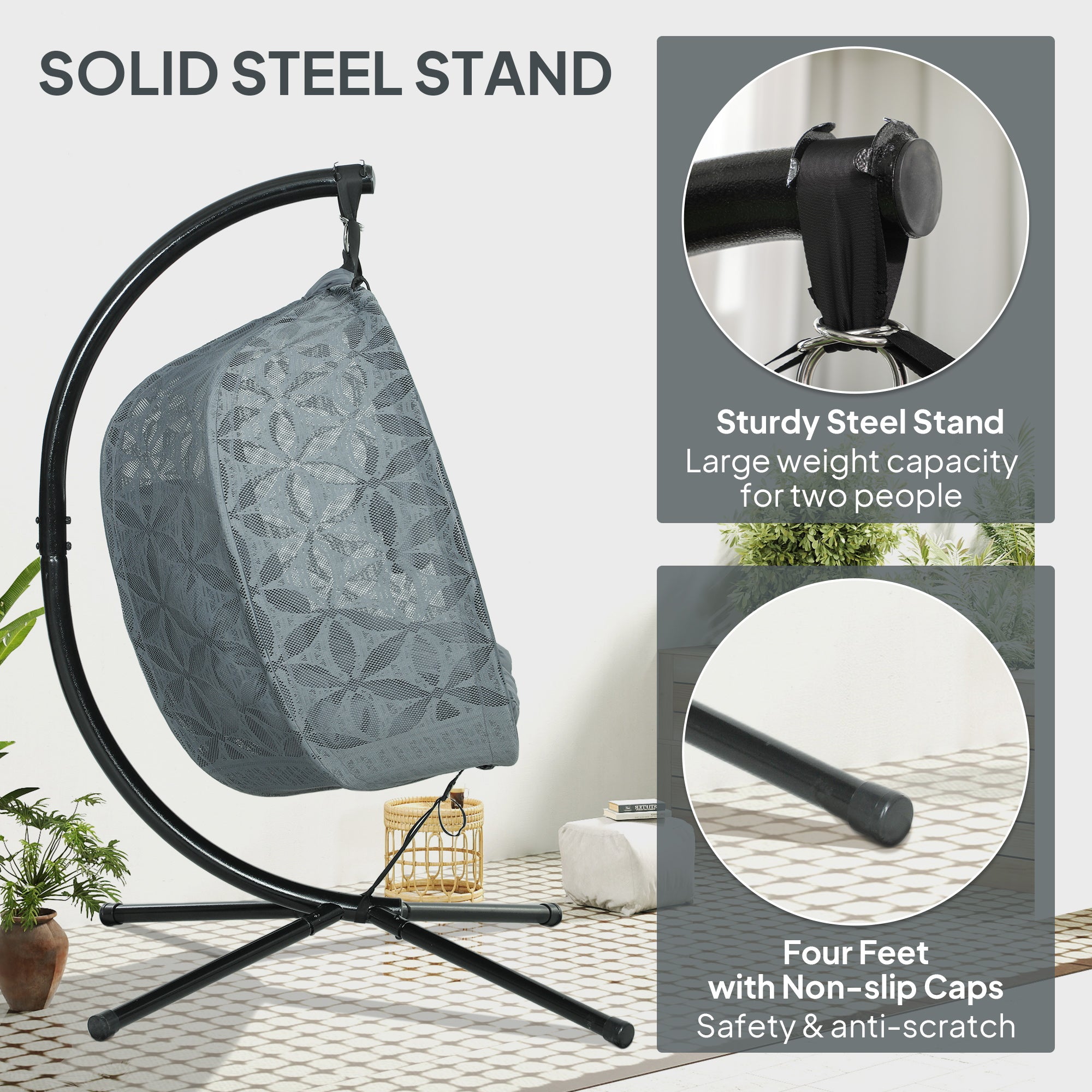 Outdoor Double Hanging Chair with Cushion and Cup Holders - Charcoal Grey