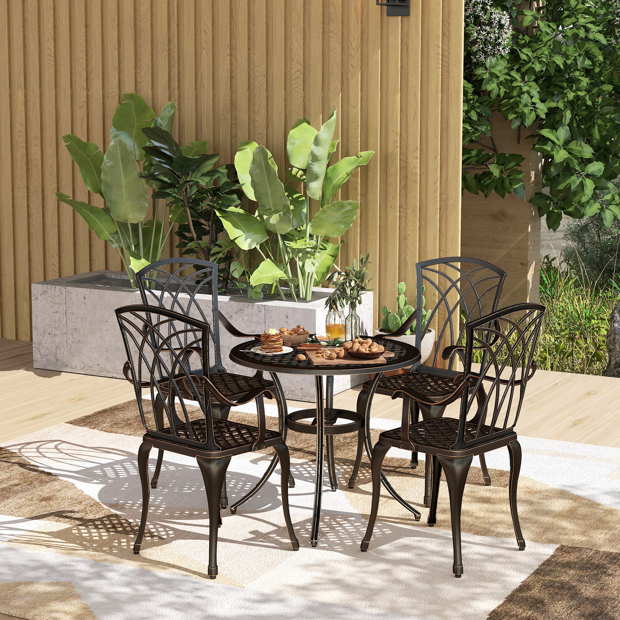 5 Piece Cast Aluminium Garden Dining Set with Parasol Hole - Bronze Tone