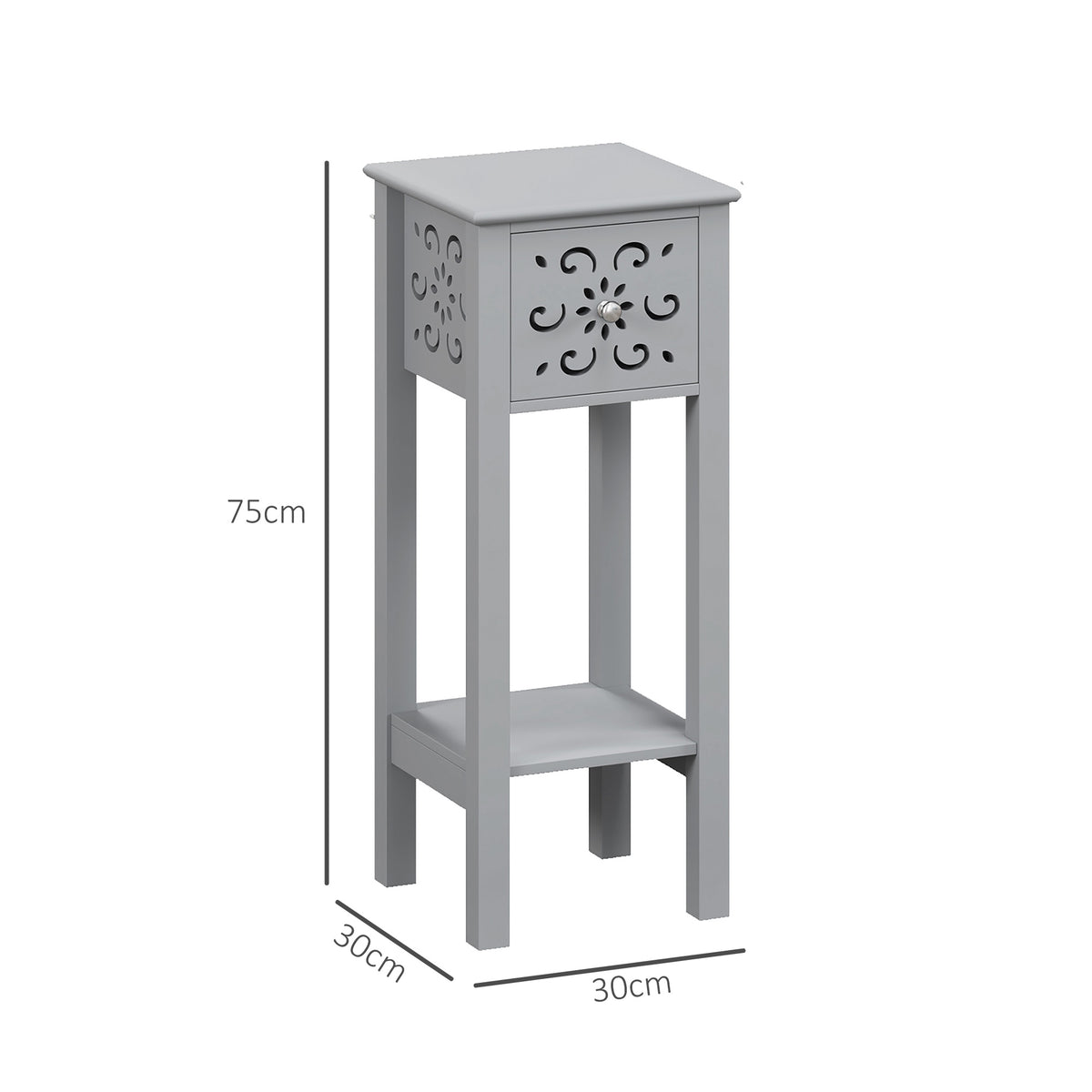Set of 2 Elegant Floral Cut-Out Side Tables with Drawer and Shelf - Grey