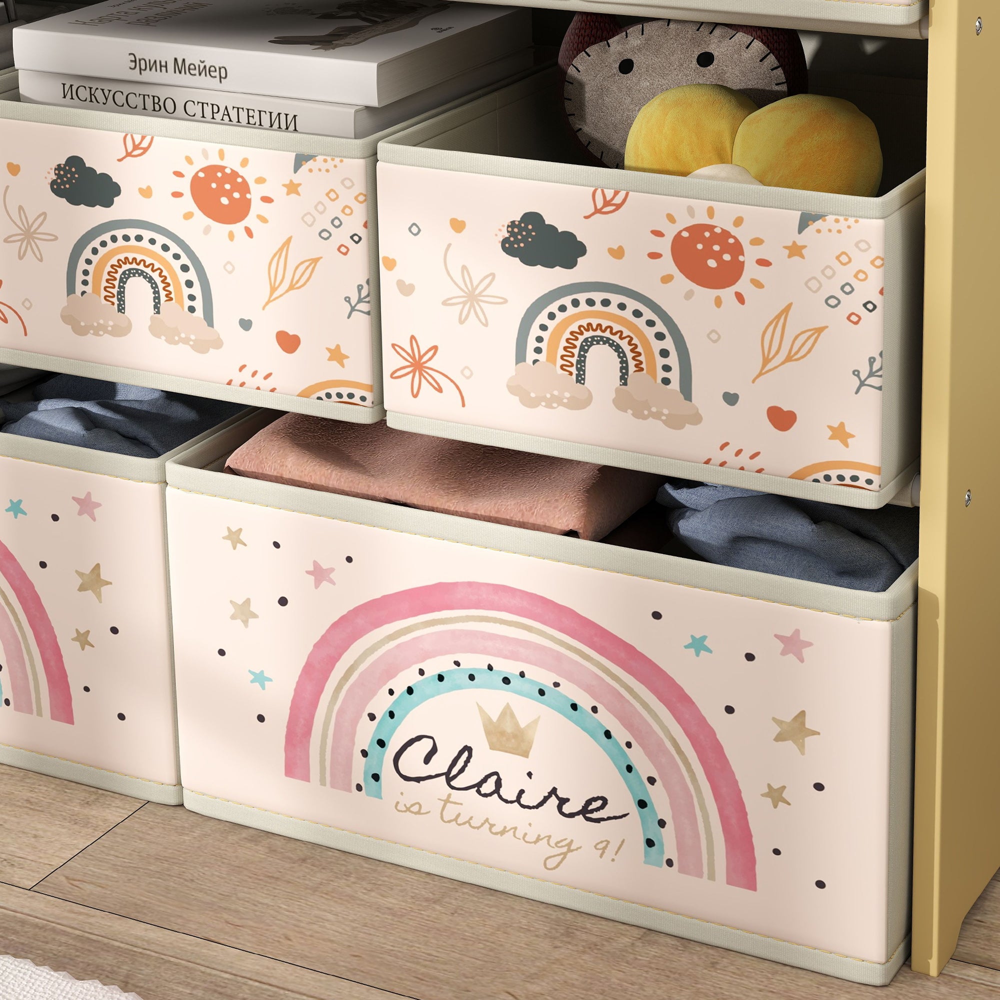 3 Tier Kids Storage Unit with 9 Non-Woven Fabric Boxes - Yellow