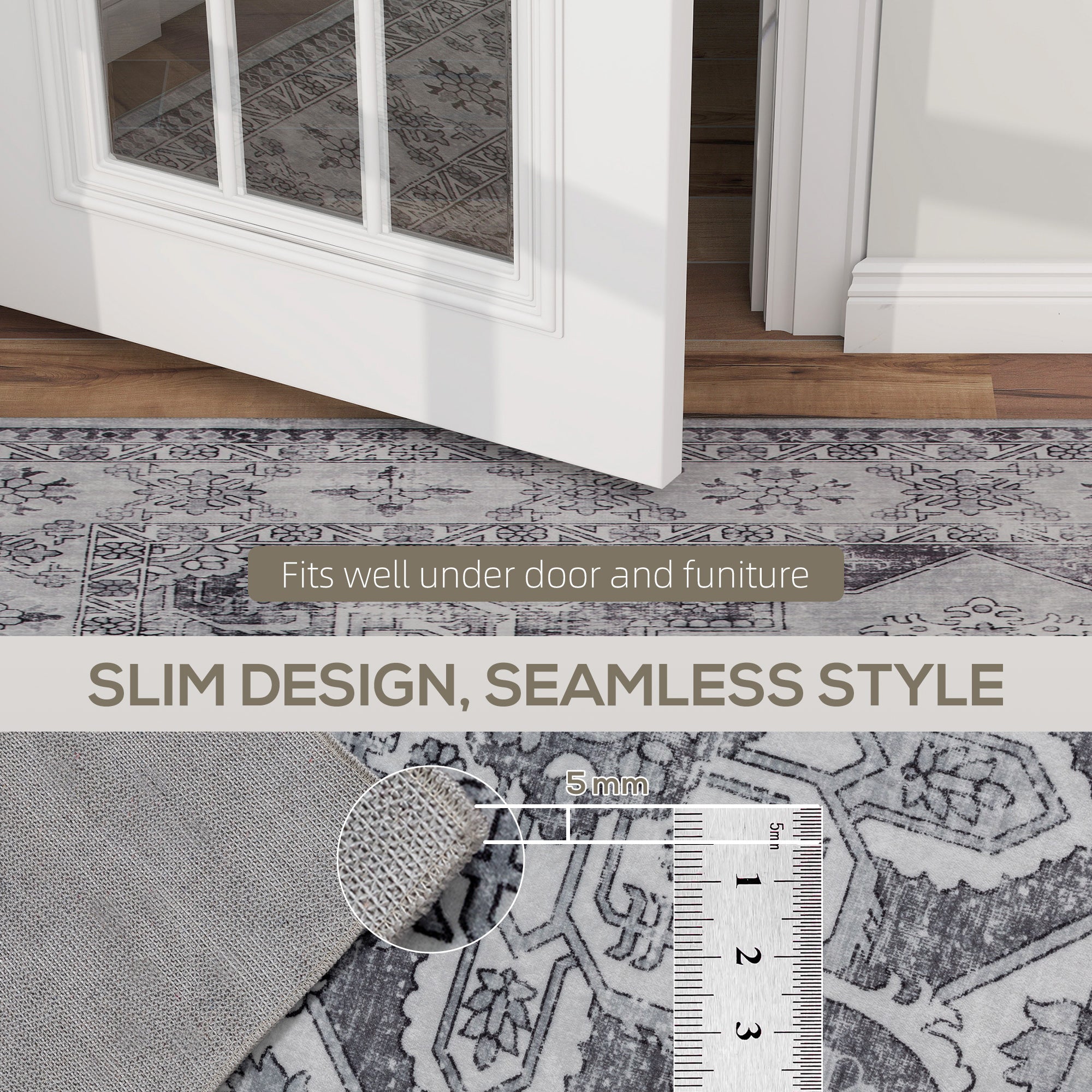 Vintage Area Rug, Non-Slip Washable Rug, Flannel Floor Carpet for Living Room, Bedroom, Dining Room, Home Office, 170 x 120 cm, Grey