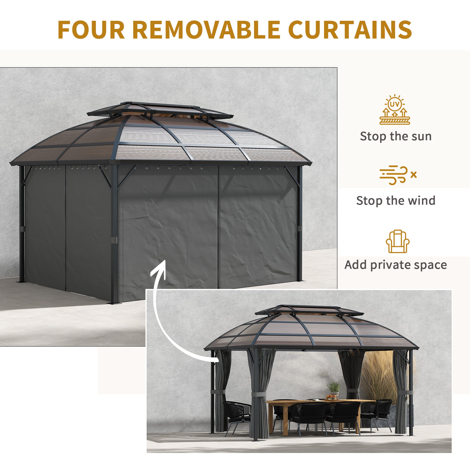 4 x 3m Aluminium Frame Hard Gazebo, with Accessories - Brown