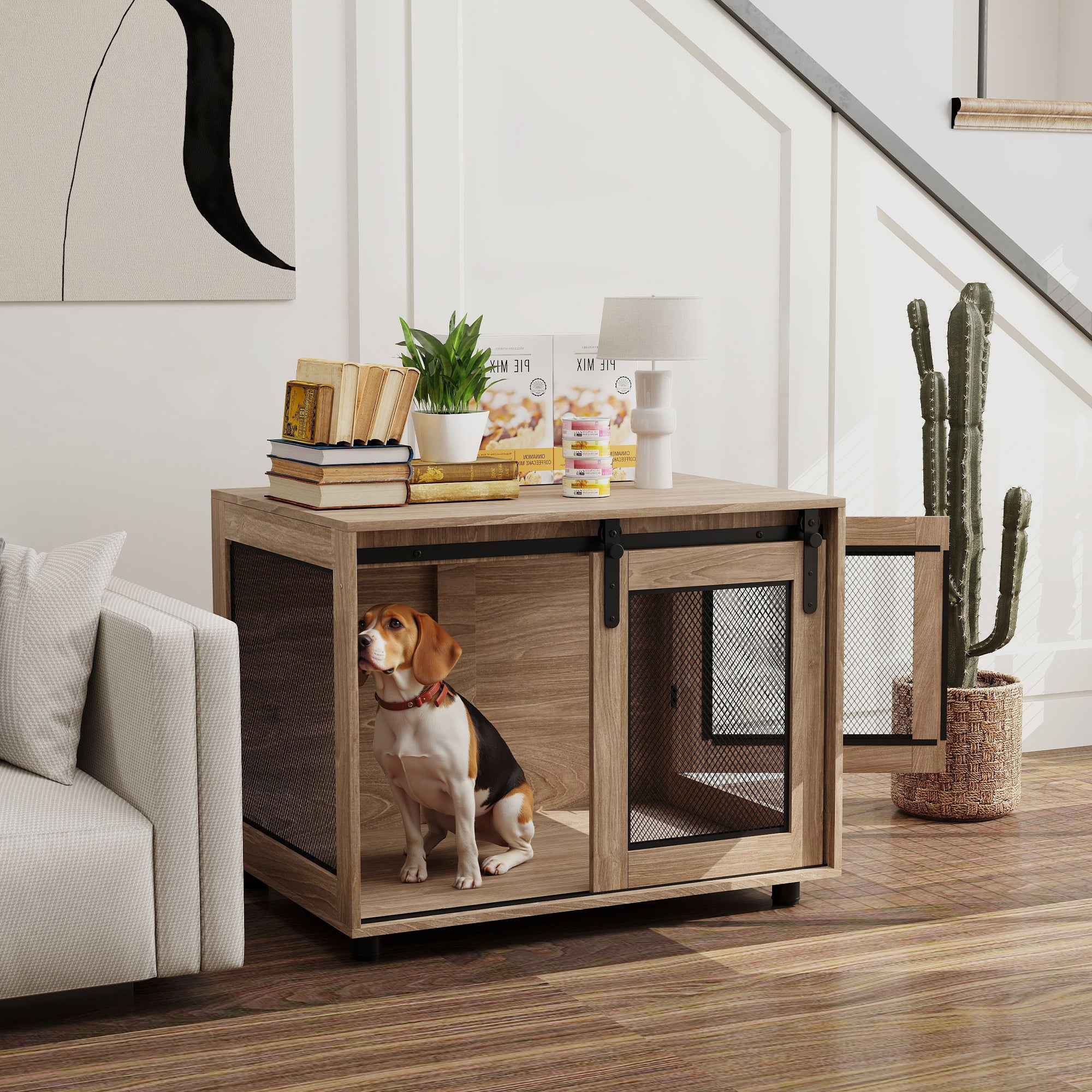 Dog Crate Furniture with Sliding Door for Medium Dogs 80x58.5x63cm - Walnut Brown