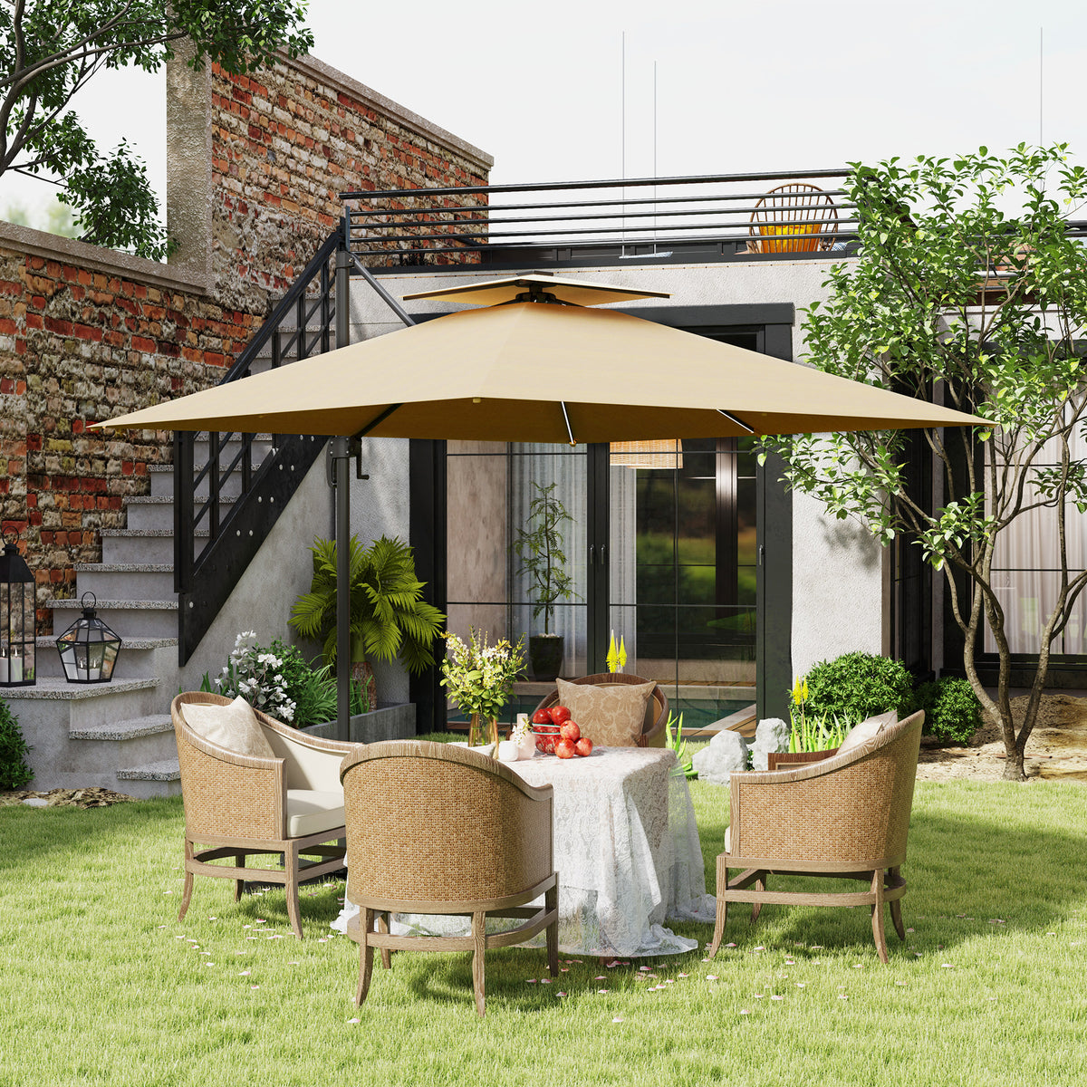 2.5m Cantilever Parasol with Solar LED Lights and 360° Rotation - Khaki