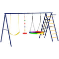 6 in 1 Metal Kids Swing Set with 3 Swings, Climbing Ladder, Net & Basketball Hoop for Ages 3-8 - Multicolour