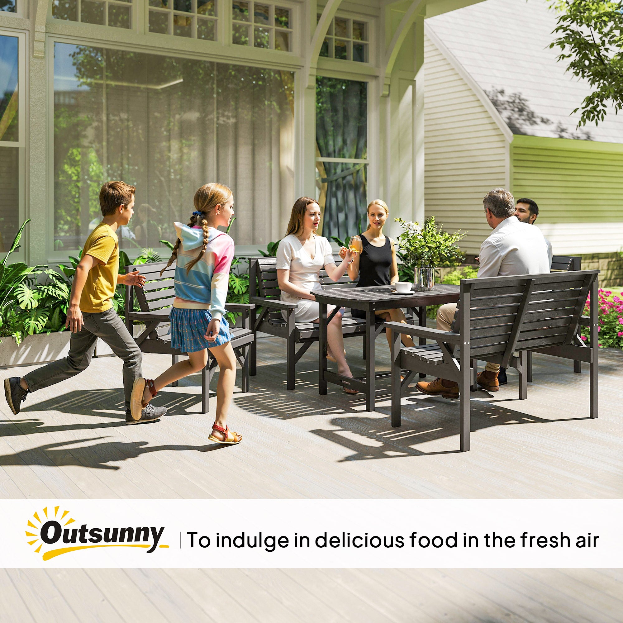 5 Piece Wooden Garden Dining Set for 6, Outdoor Conversation Set with 2 Armchairs, 2 Loveseats and Dining Table with Umbrella Hole for Patio, Balcony, Grey