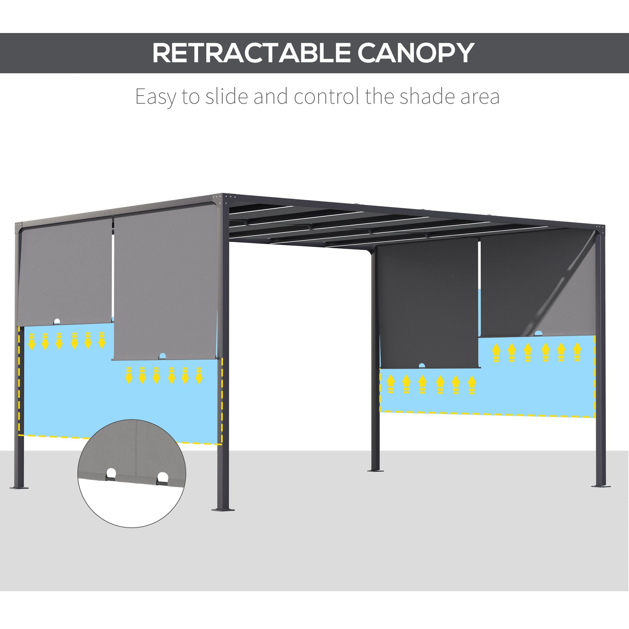 3(m) x 4m Metal Pergola with LED Lights, Outdoor Garden Pergola with Sliding Roof, Solar Powered, for BBQ, Lawn, Dark Grey