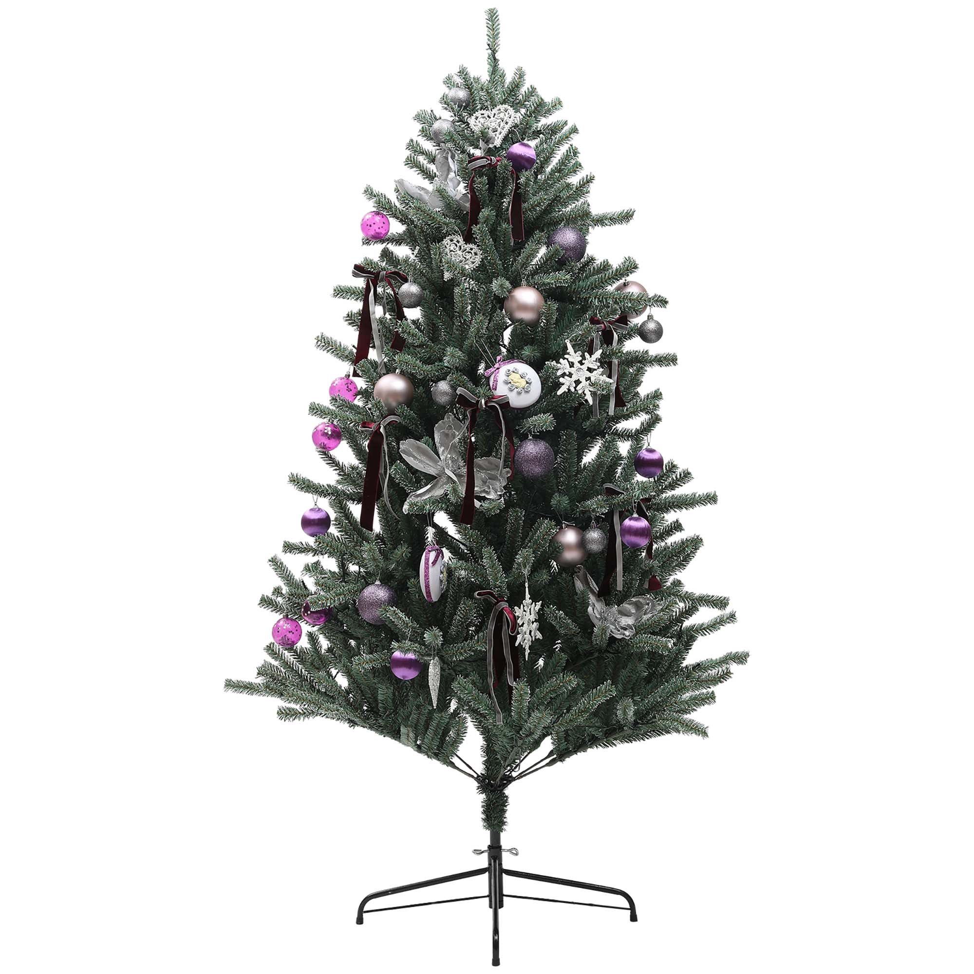 6ft Artificial Prelit Christmas Tree with Warm White LED Lights and 796 Tips, Metal Stand, Xmas Tree with Purple Ornaments for Home Office Holiday