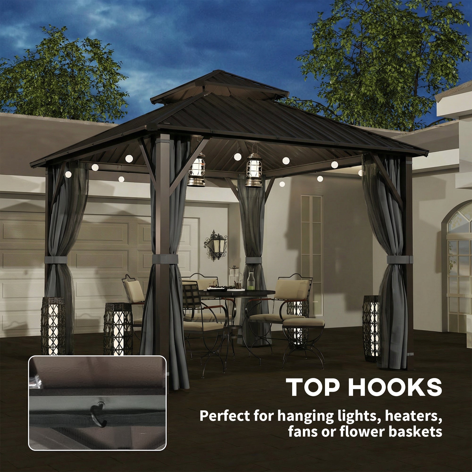 3 x 3(m) Hardtop Gazebo Canopy with Metal Roof, Waterproof Permanent Pavilion Garden Gazebo with Netting, Curtains, Grey