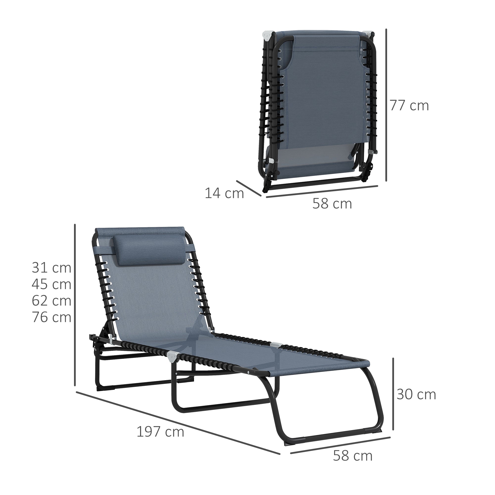 Set of Two Folding Sun Loungers, with Four-Position Backs - Grey