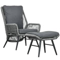 String Rattan Armchair and Footstool Set with Cushions - Grey