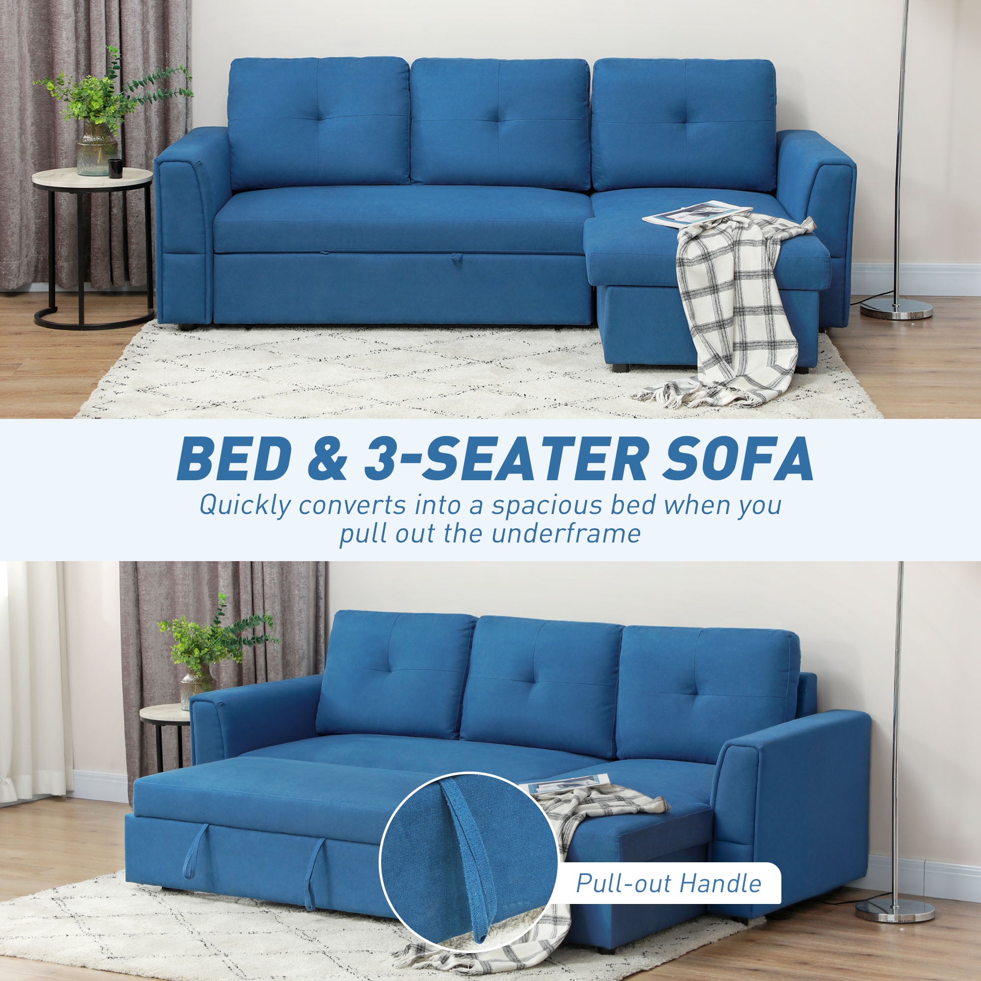 3 Seater Sofa Bed, L-Shaped Corner Sofa, Pull Out Sofa with Storage, Convertible Click Clack Settee Sectional Sleeper Futon for Living Room, Office, Dark Blue