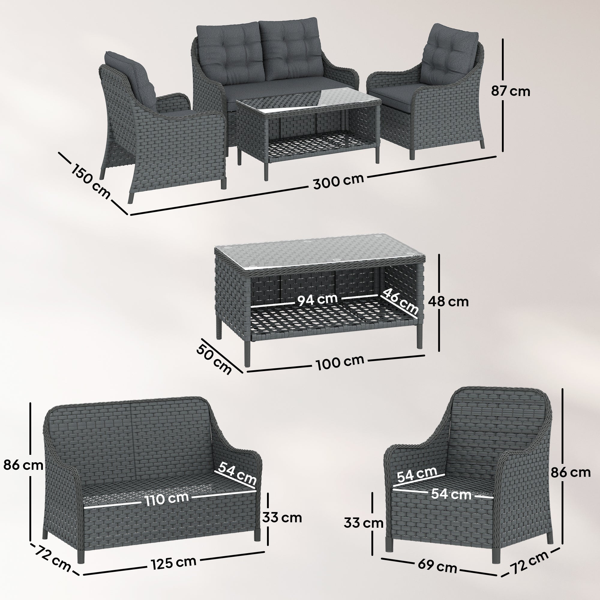 4-Piece Wicker Patio Furniture Set with 2 Armchairs, Loveseat, Glass Coffee Table, Conversation Sofa Set, Dark Grey