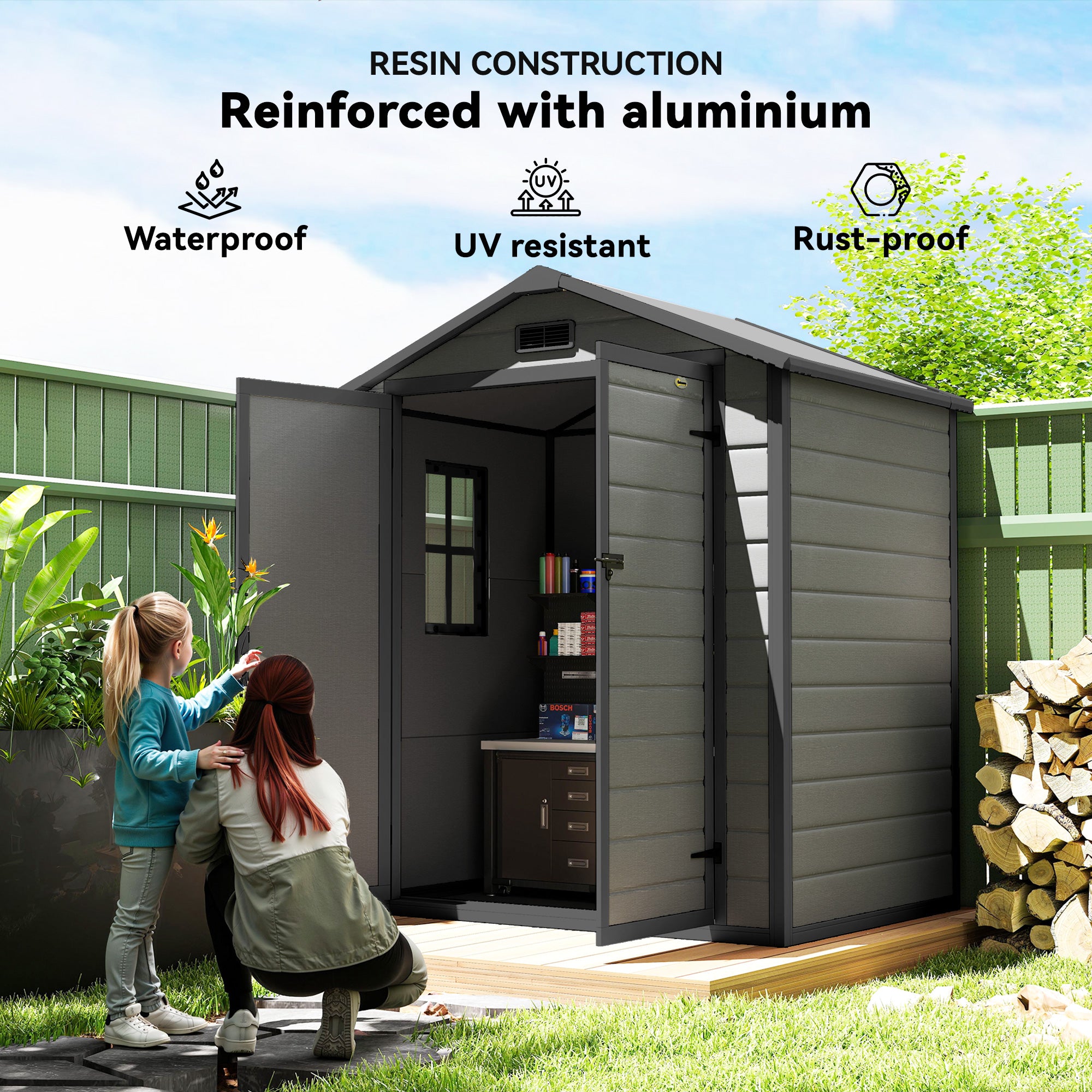 6'x4.5' Garden Storage Shed, Lockable Garden Shed with Double Doors, Window, Vent and Plastic Roof, Dark Grey
