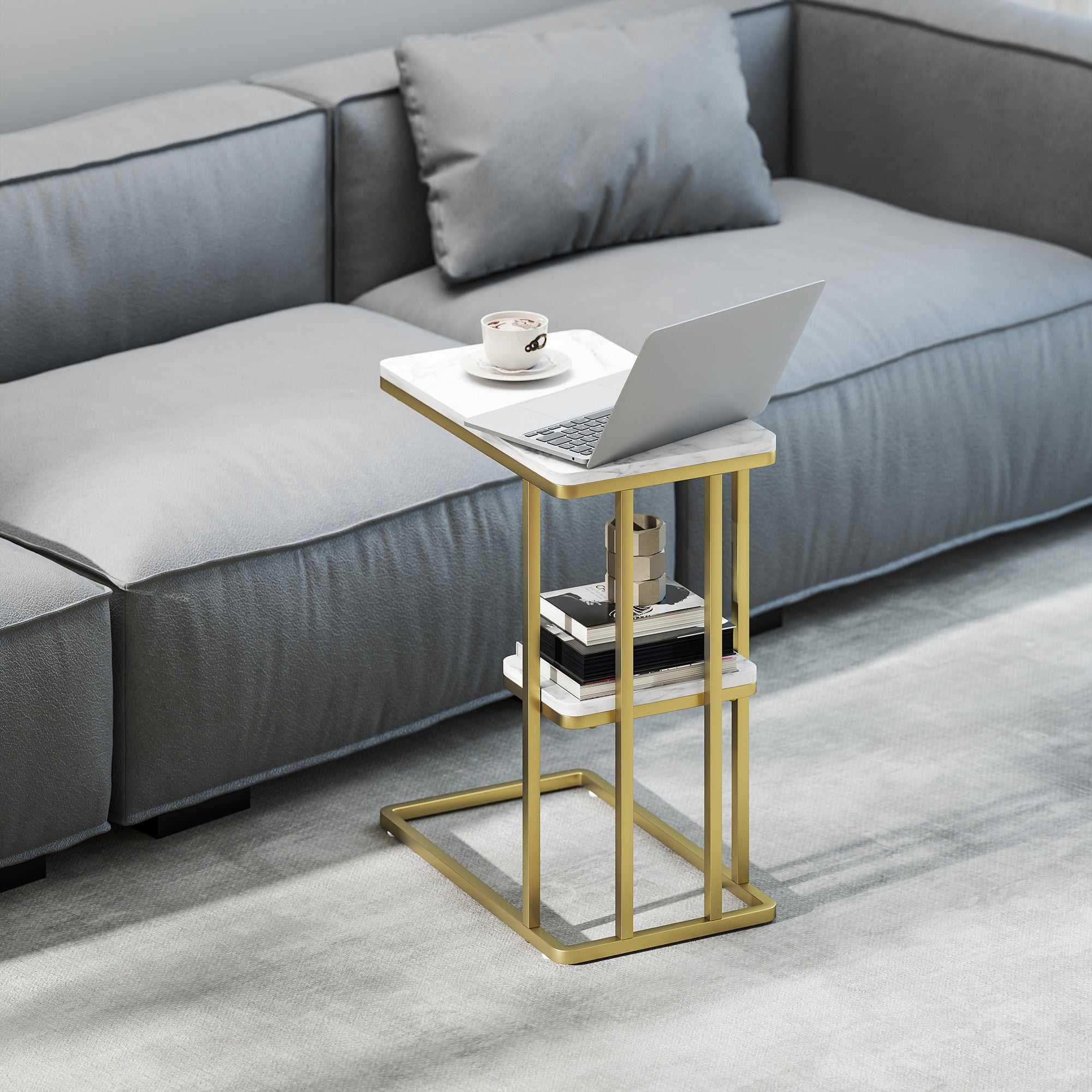 C-Shaped Narrow Side Table, 2-Tier Slim End Table, Nightstand for Small Spaces, Living Room, Bedroom, White Marble Grain