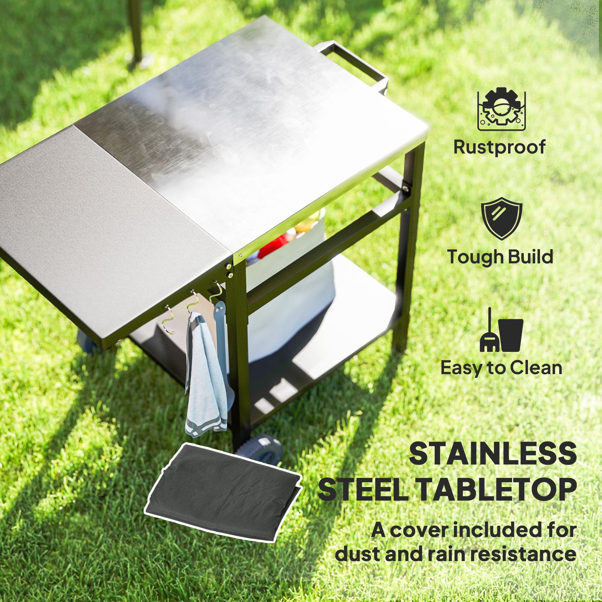 Outdoor BBQ Trolley with Stainless Steel Top and Foldable Side Table - Black