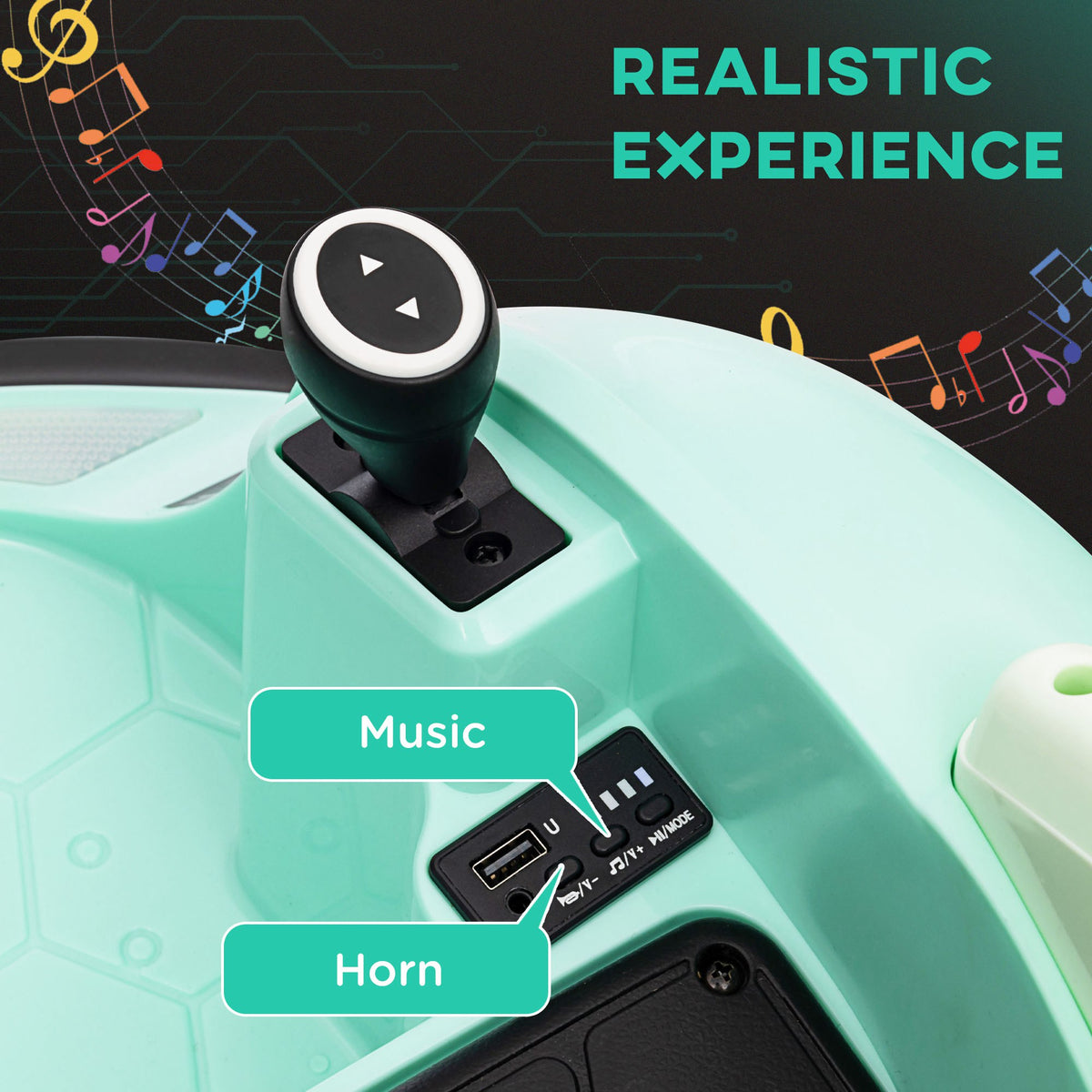 12V 360° Rotation Kids Bumper Car with Remote Control, Dual Joysticks, Music & Lights - Green