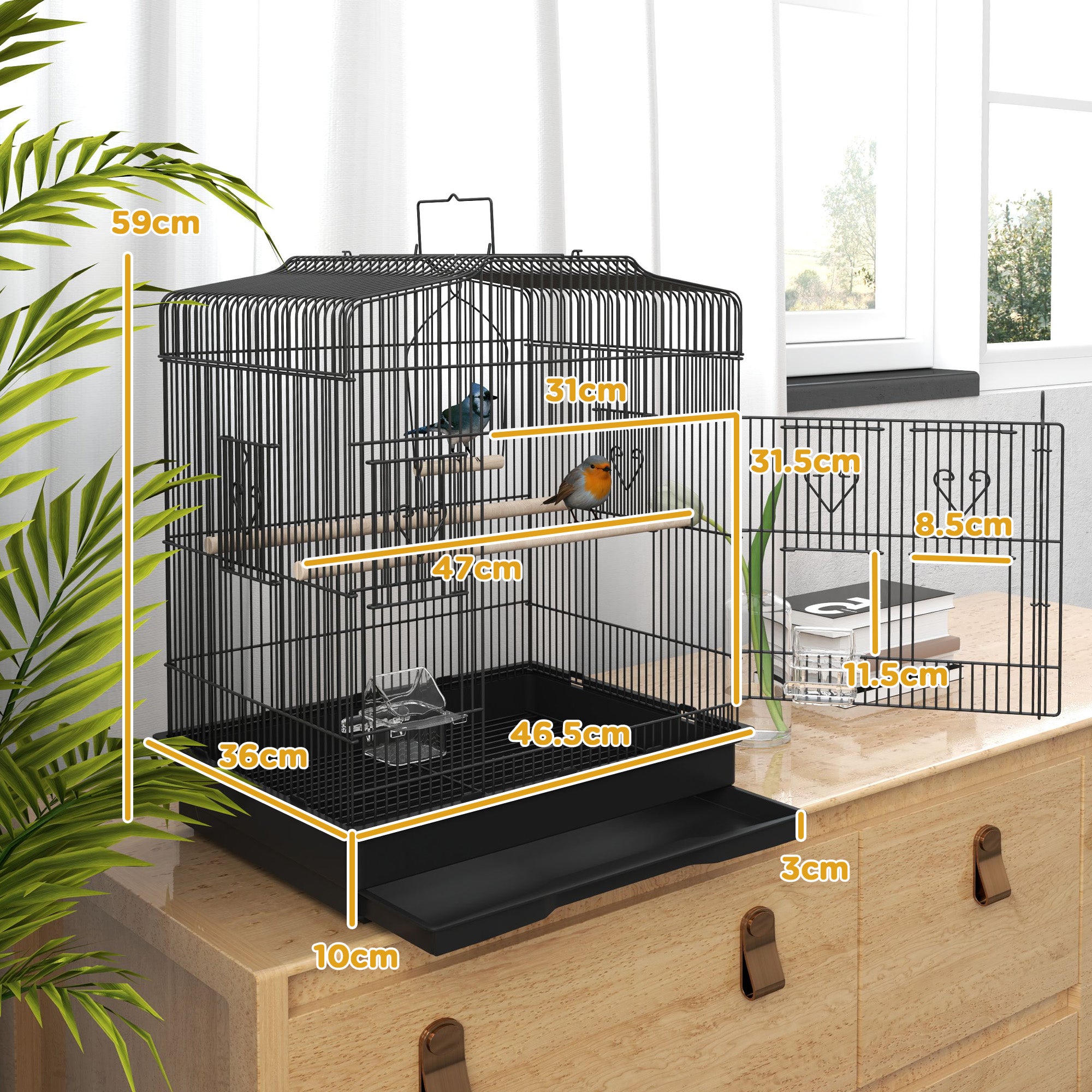 Large Metal Bird Cage with Perches, Food Bowls, Swing, for Budgies, Parakeets, Black