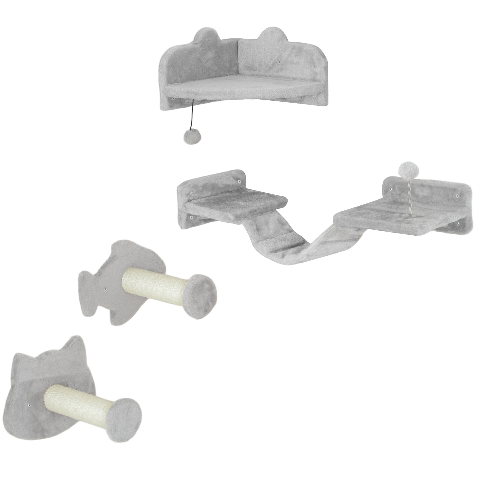 4PCs Cat Wall Shelves with Steps, Ladder, Jumping Platforms, Light Grey