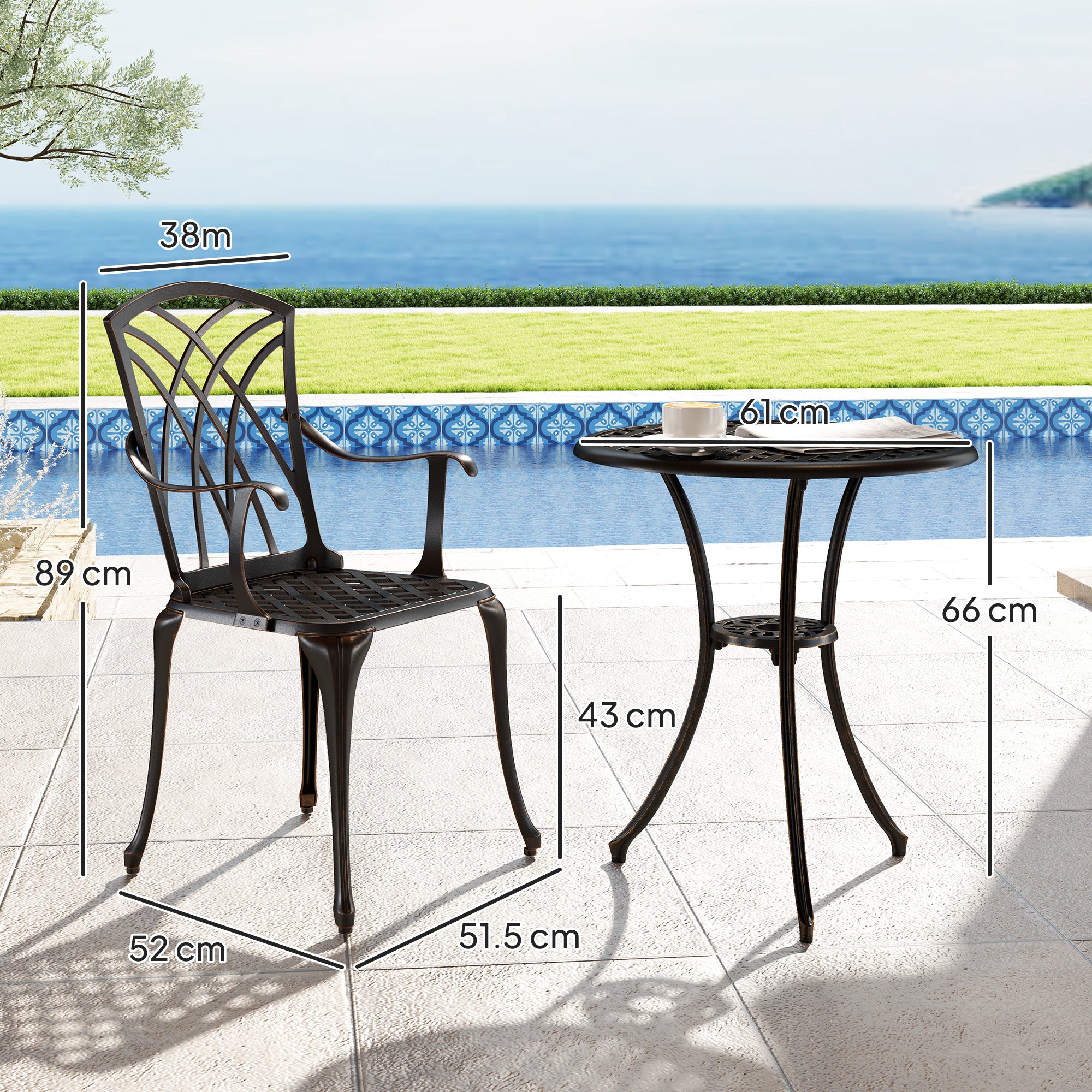 3-Piece Cast Aluminium Garden Dining Set for 2 with Parasol Hole - Bronze Tone