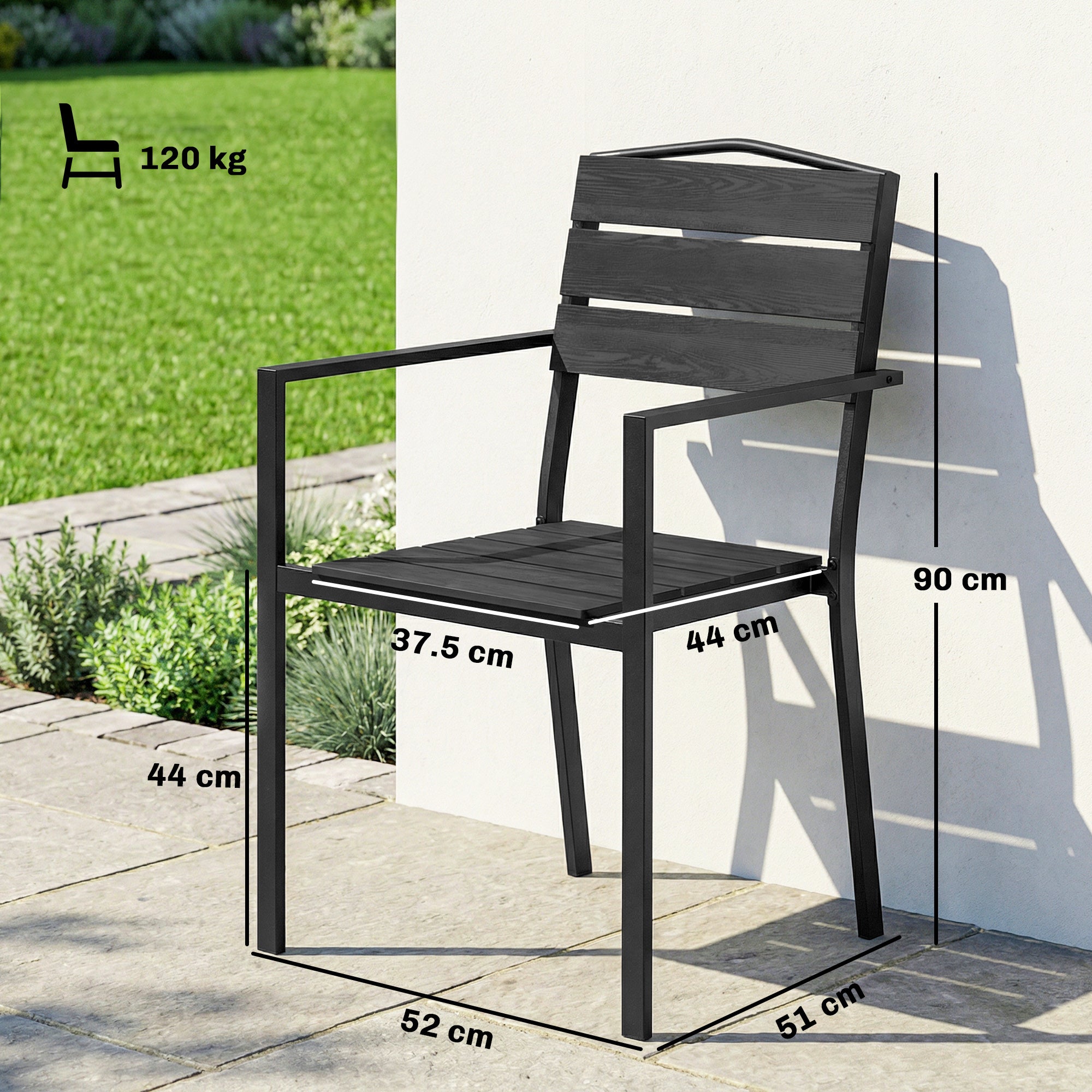 Stackable Garden Chairs Set of 4, Garden Dining Chairs with Slatted HDPE Seat Back, Armrests, Metal Frame, Black
