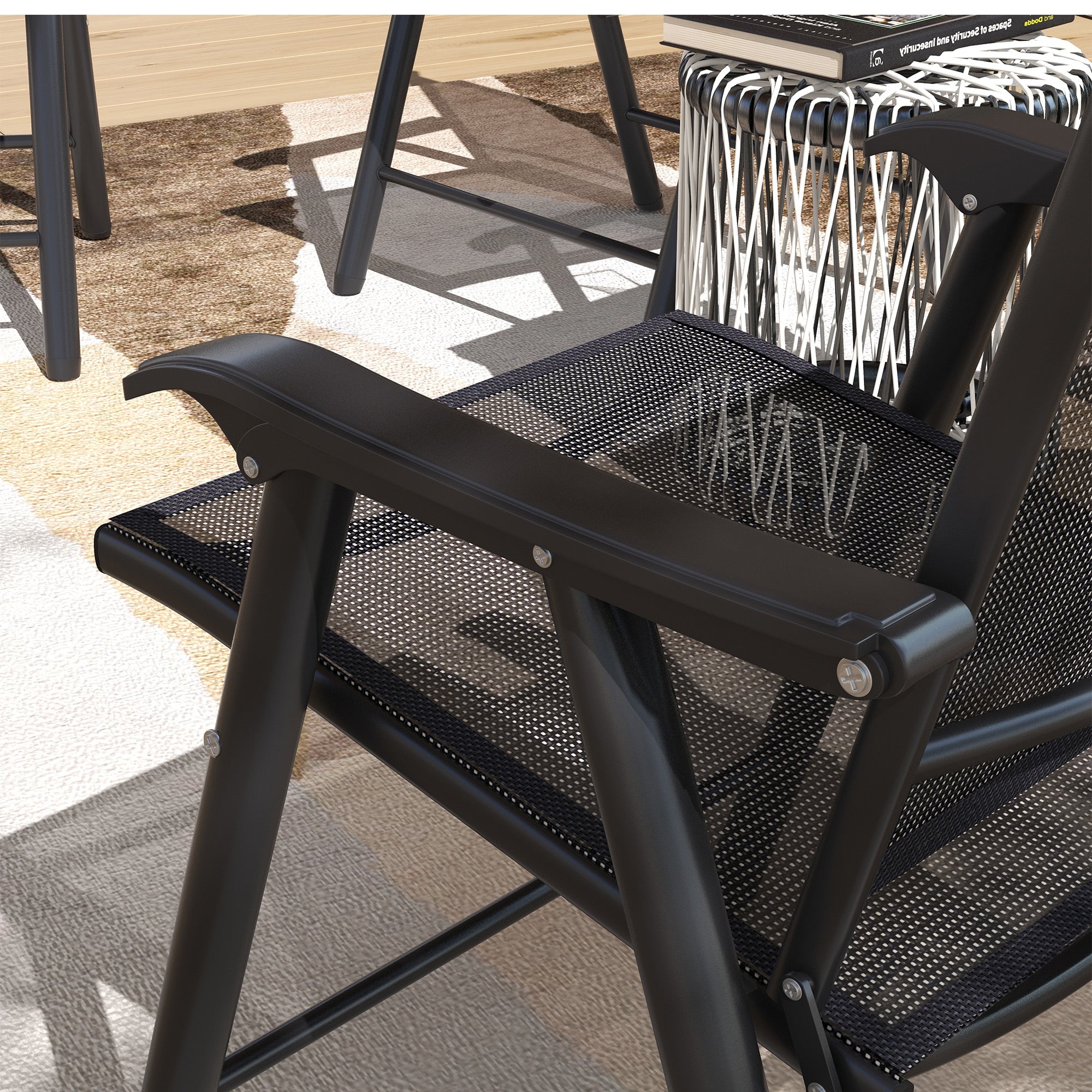 Set of 4 Folding Garden Chairs with Breathable Texteline Seats - Black