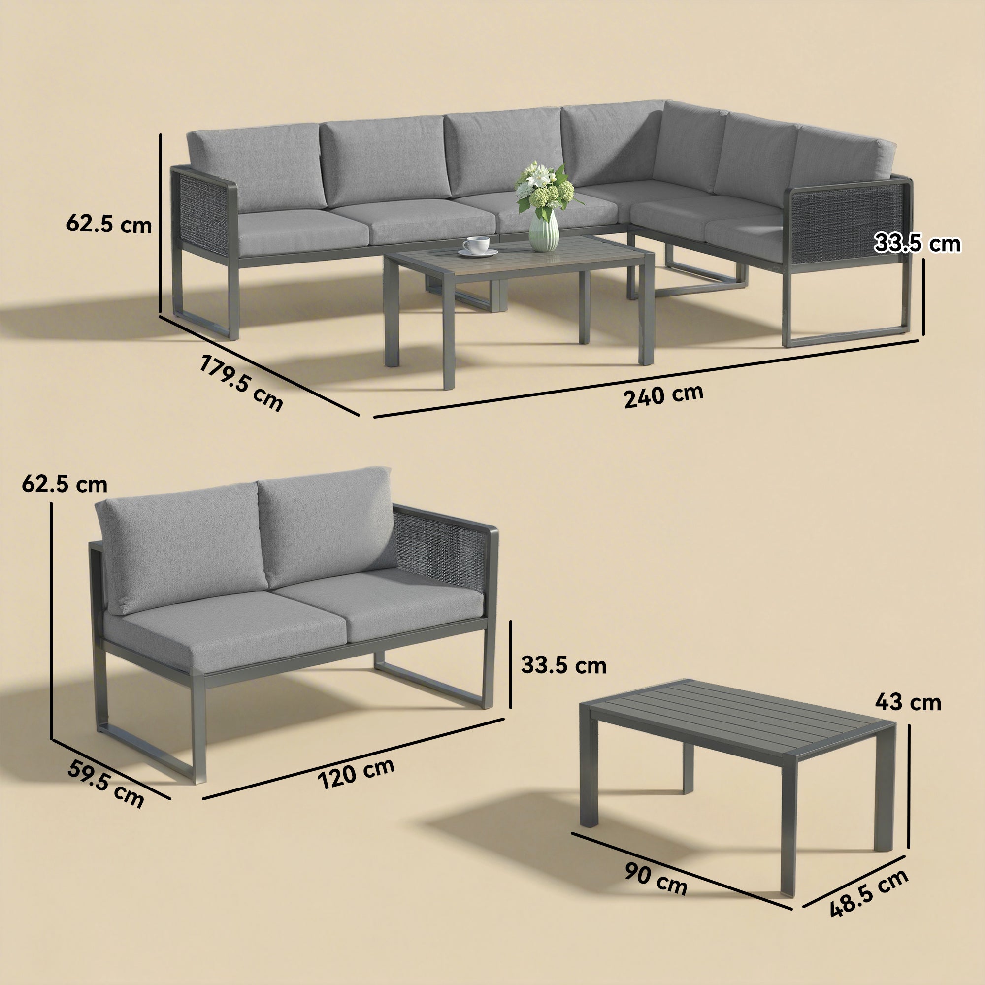6 Seater Metal Garden Furniture Corner Sofa Set with 3 Loveseats, Faux Wood Table, Texteline Seat, Cushions, Dark Grey