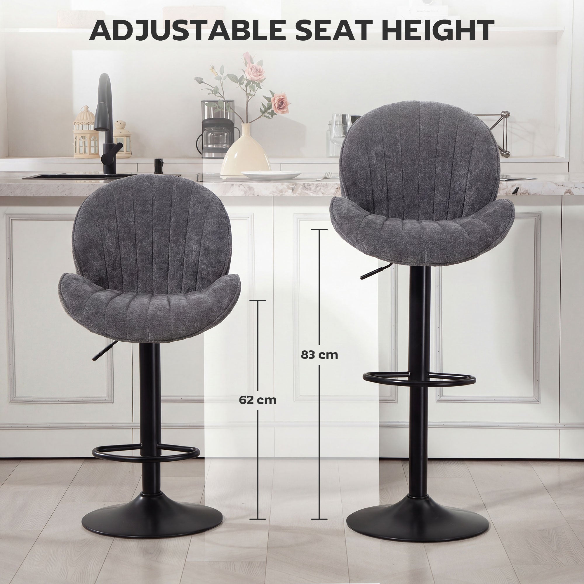 Bar Stools Set of 2, Swivel Barstools with Back, Adjustable Height and Footrest for Kitchen Island, Dining Room, Grey