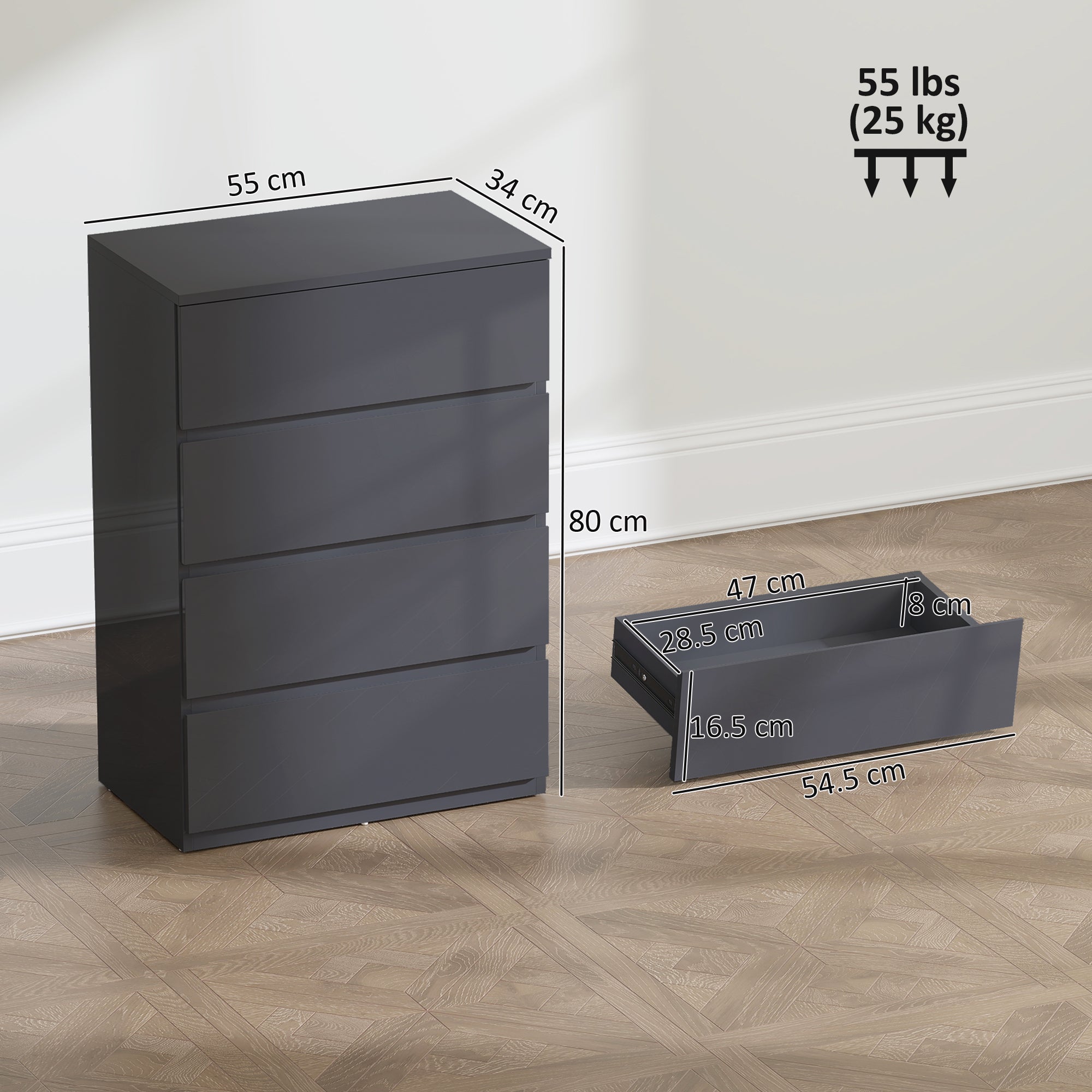 High Gloss Chest of Drawers, 4-Drawer Storage Cabinets, Modern Dresser for Bedroom, Grey