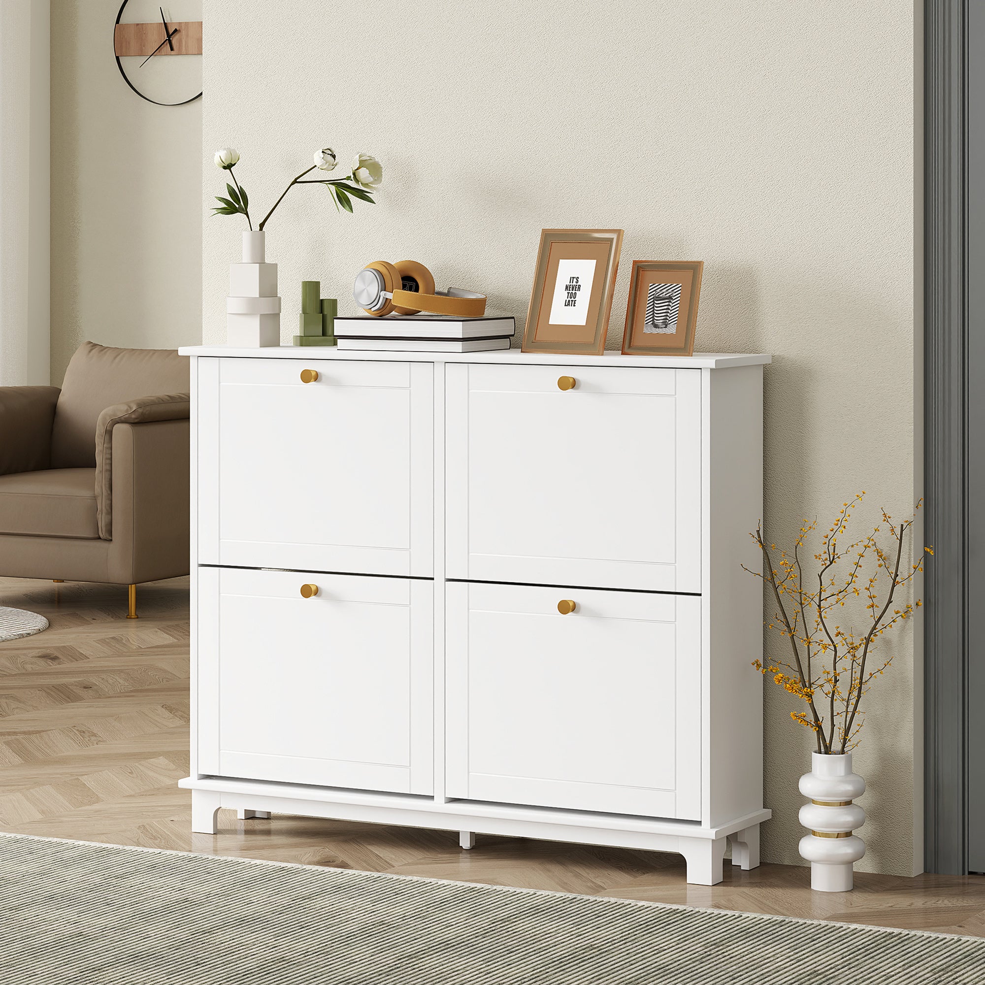 Narrow Shoe Storage Cabinet, Slim Shoe Cabinet with 4 Flip Drawers, Adjustable Shelves for 16 Pairs of Shoes, White