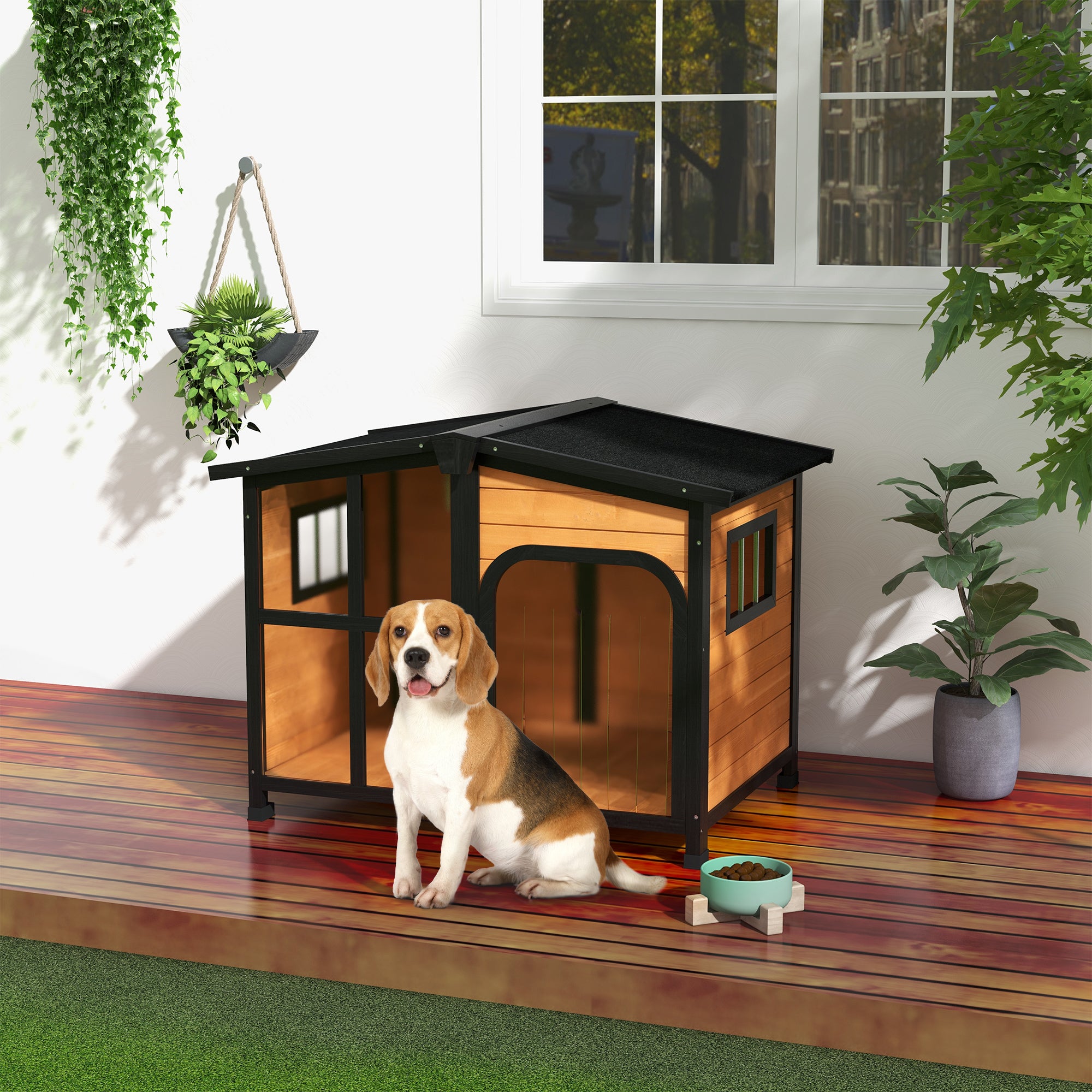 Wooden Dog Kennel with Removable Floor, Asphalt and Openable Roof, Giant Window for Large Dogs, Yellow