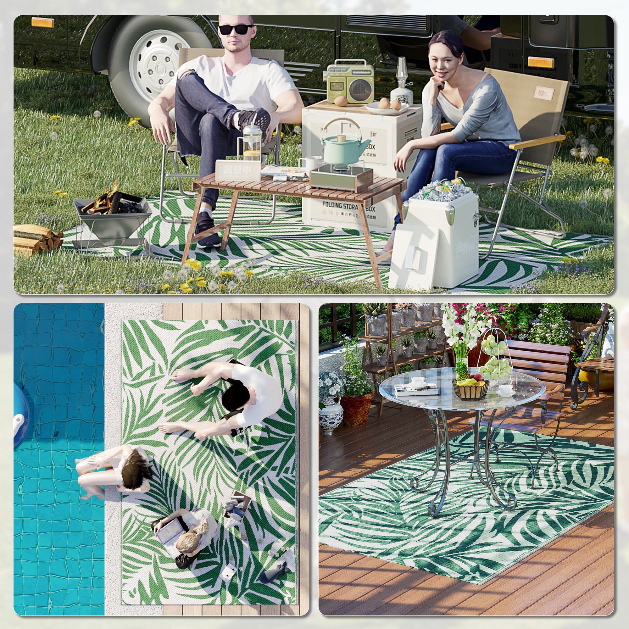 Reversible Outdoor RV Rug, 1.5 x 2.4m Patio Floor Mat, Waterproof Plastic Straw Rug for Garden, Deck, Picnic, Beach, Camping, Green Leaves, Green and White