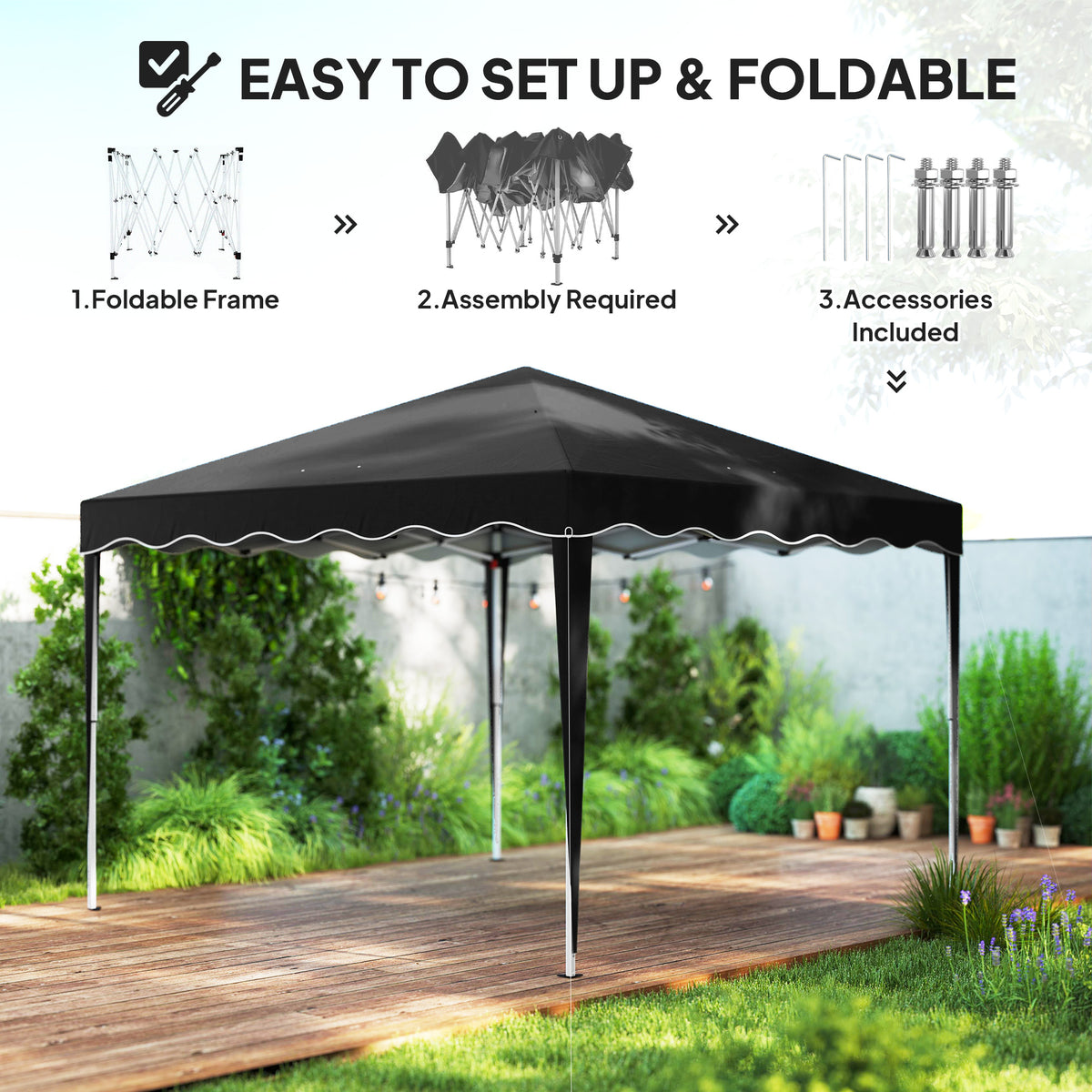 Set of 3 Adjustable Height Pop-Up Gazebos with Carry Bags - Black