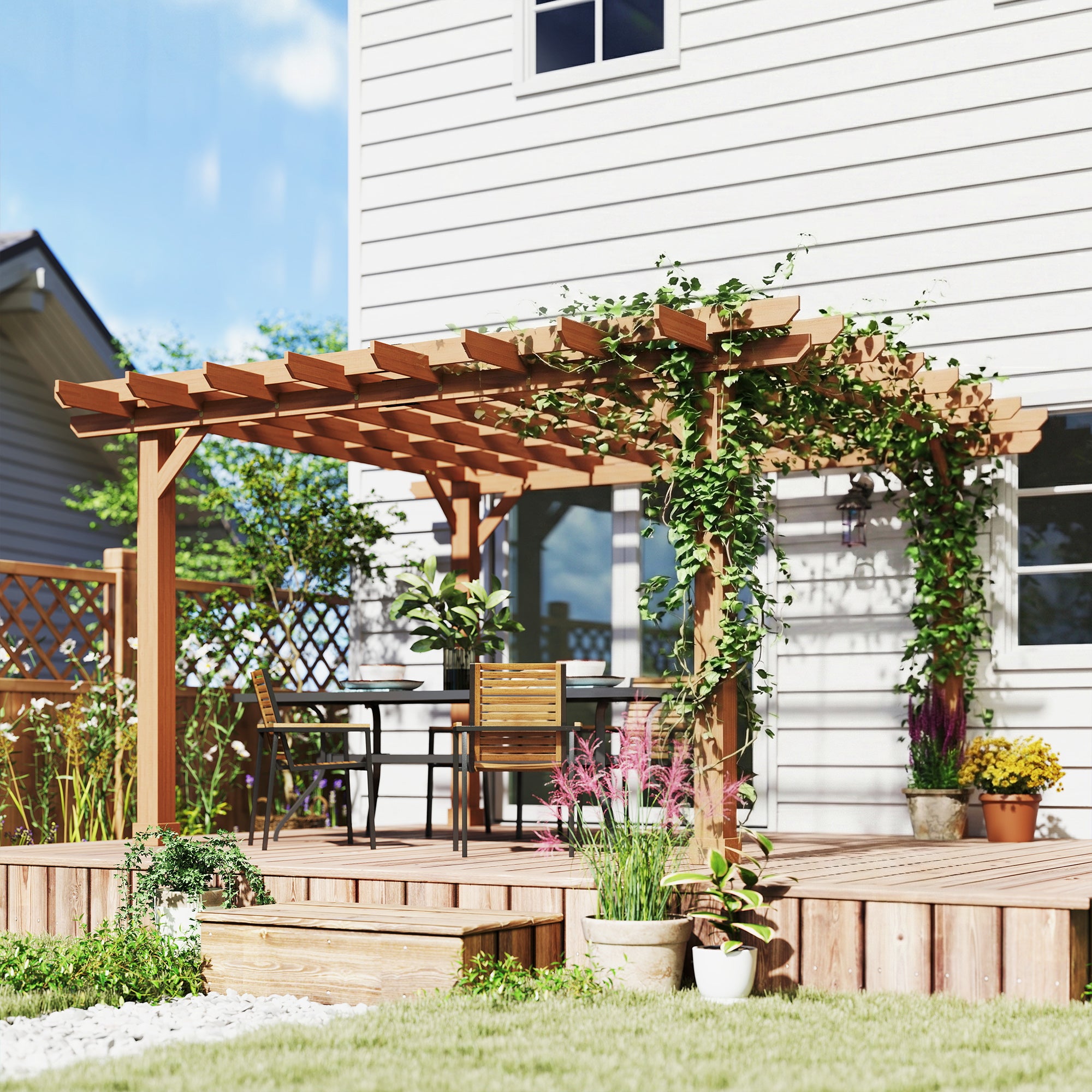 Graden Pergola Kit, Wooden Pergola Gazebo Grape Trellis with Stable Structure, 3.6 x 3.6m, Dark Brown