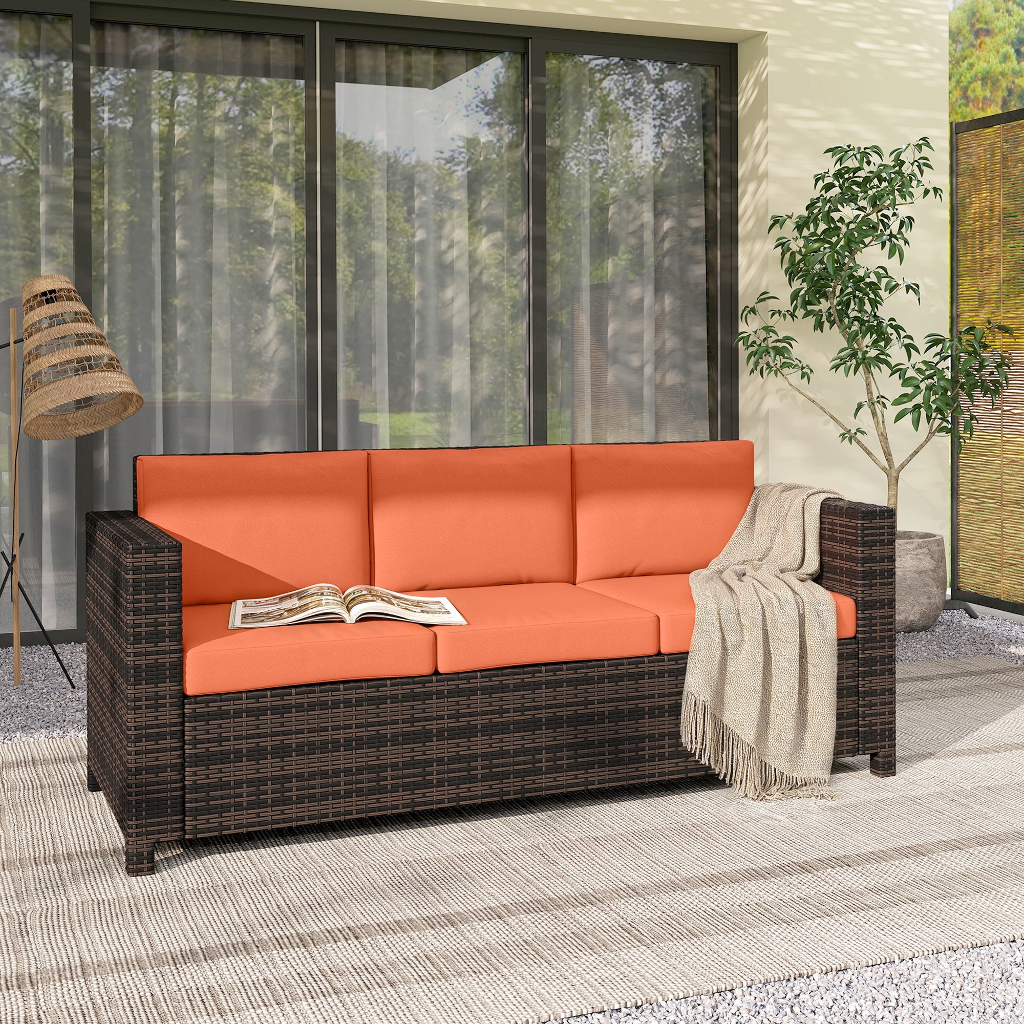 3 Seater Rattan Sofa All-Weather Wicker Weave Metal Frame Chair with Fire Resistant Cushio-Orange
