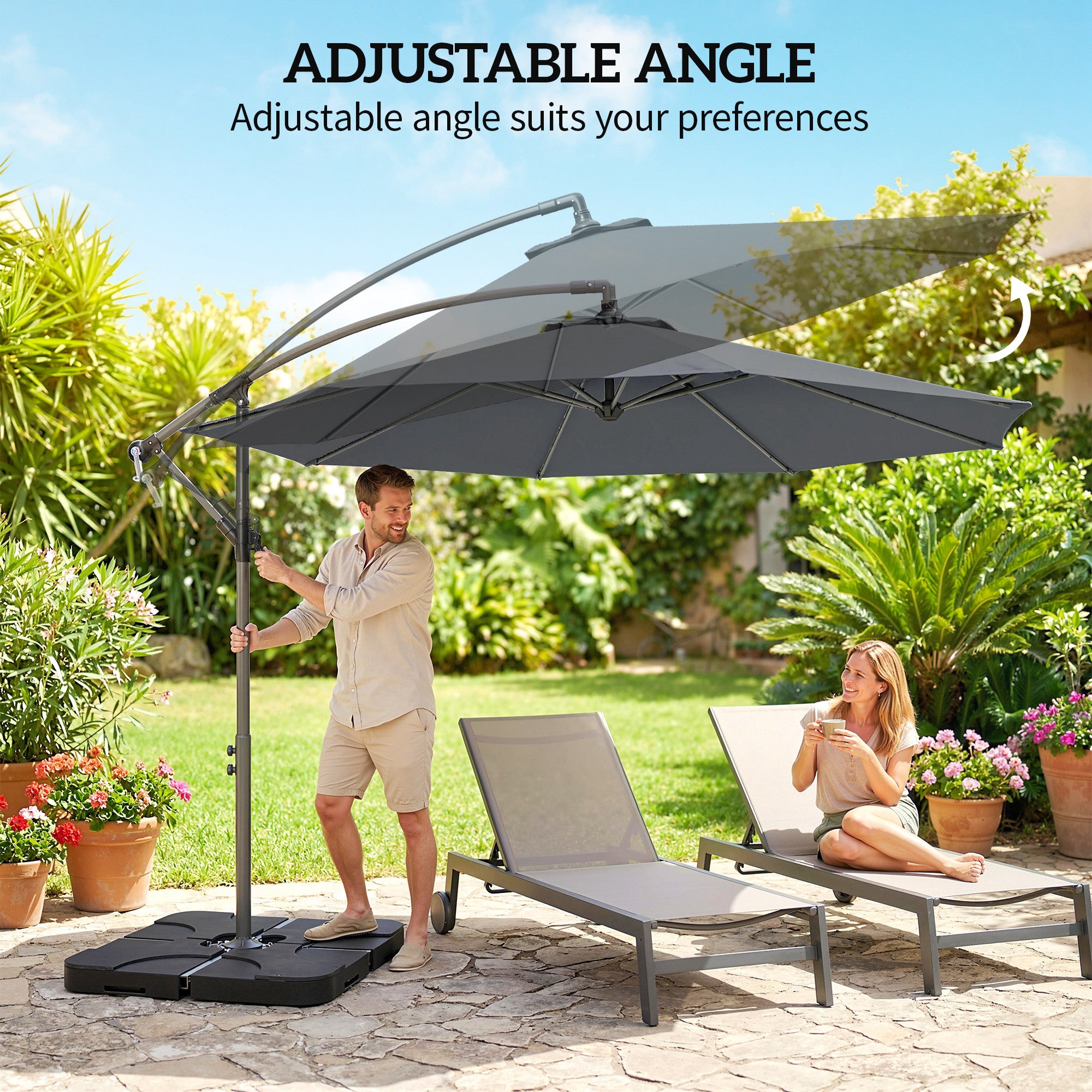 3m Overhanging Parasol, with Base, Weights and Cover - Dark Grey