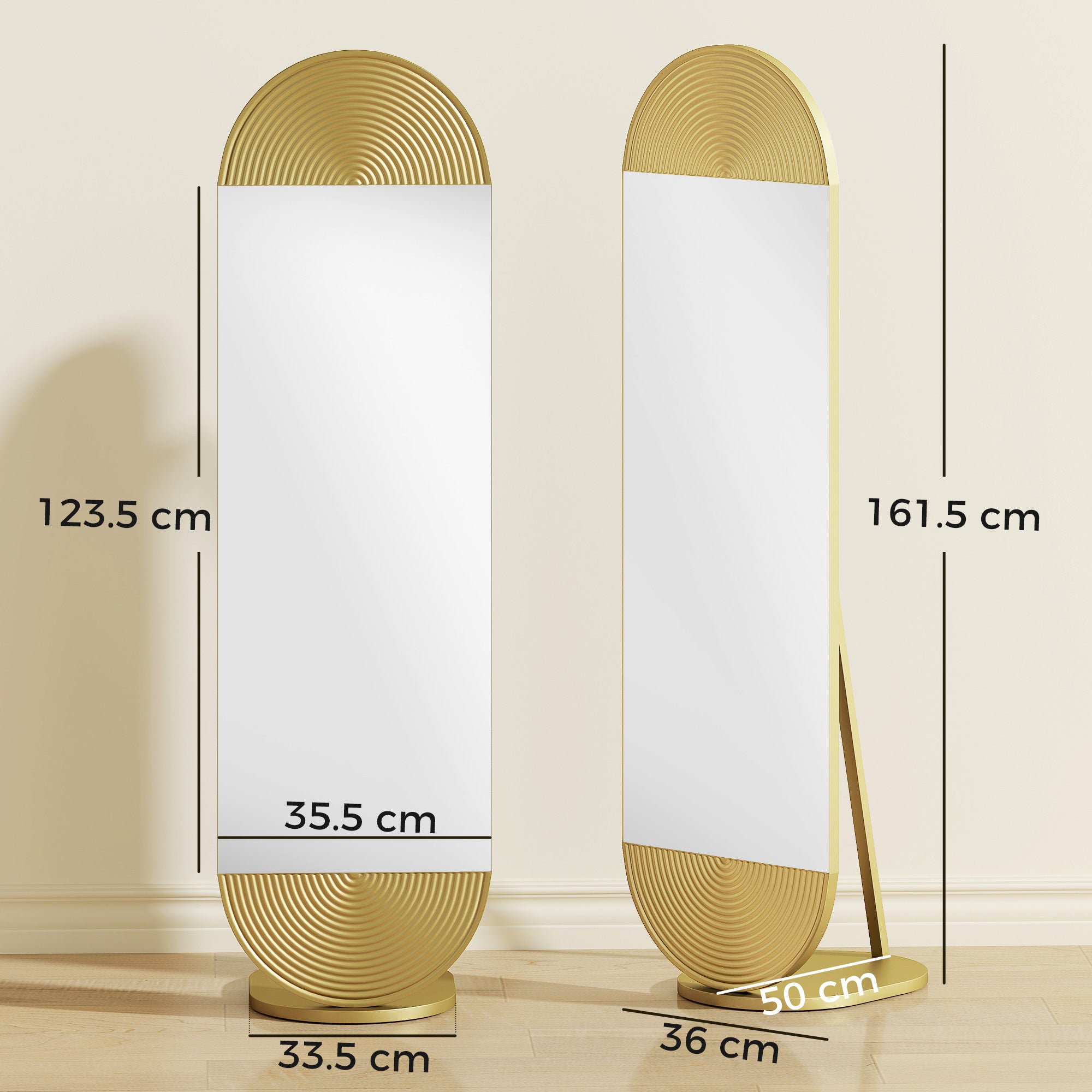 50 x 161 cm Wavy Full Length Mirror, Free Standing Mirror with Metal Frame and Solid Base, Gold Tone