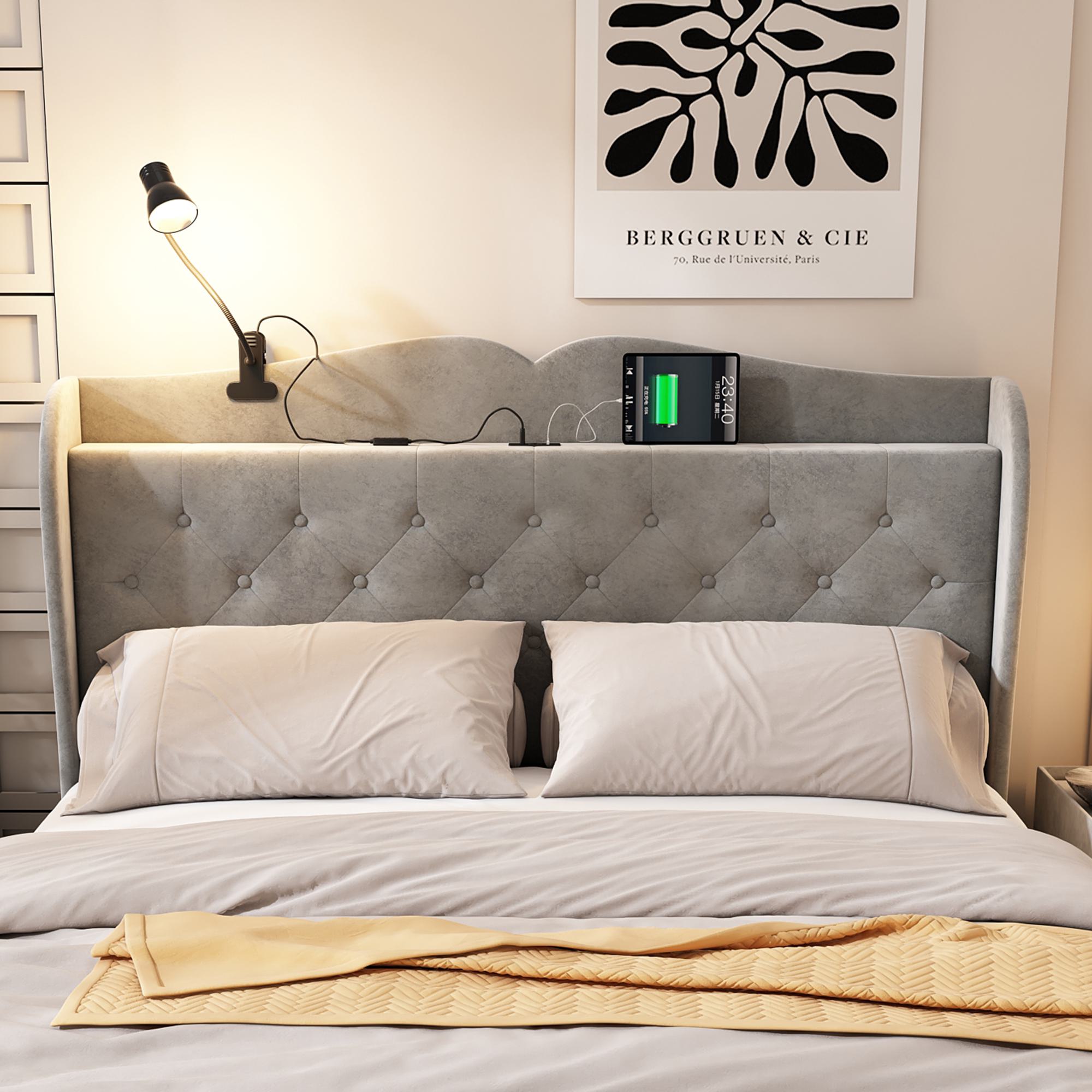 Double Upholstered Bed with 4 Drawers, USB Ports and Adjustable Lamp - Gray Velvet