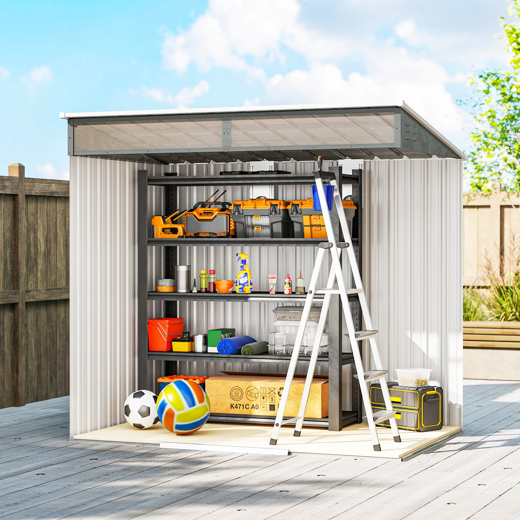 6.5 x 4FT Galvanised Metal Shed with Foundation Kit, Lockable Tool Garden Shed with Double Sliding Doors, Vents, Light Grey Wood Effect