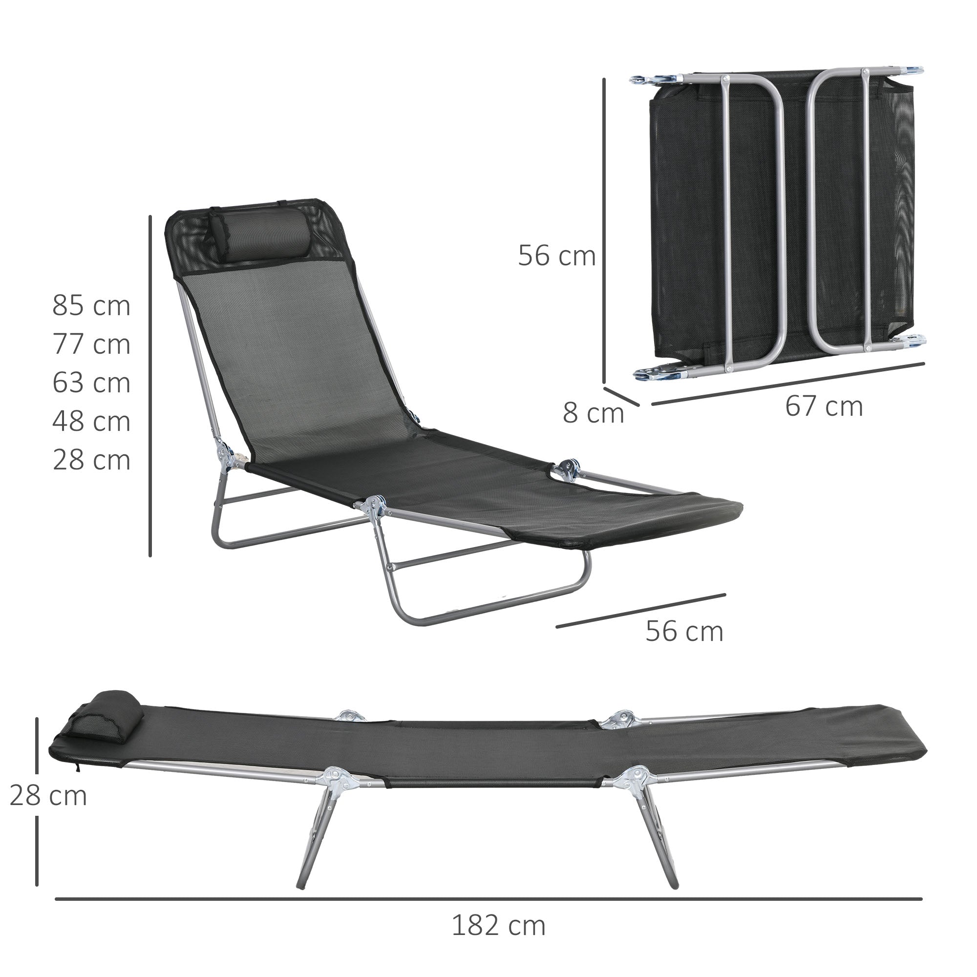 Set of Two Steel Frame Sun Loungers, with Reclining Backs - Black