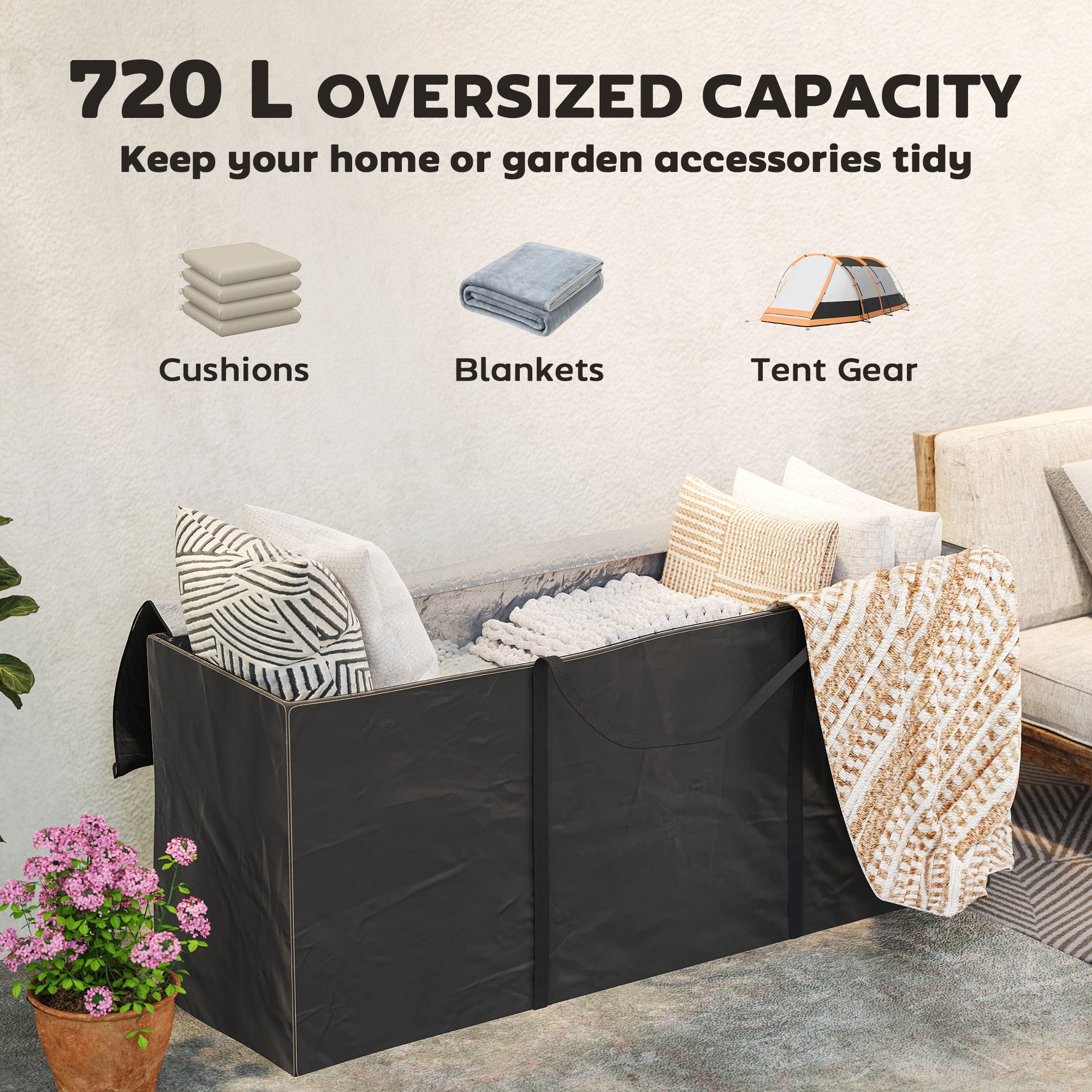 720 L Outdoor Garden Cushion Storage Bag, Heavy Duty 600D Oxford Fabric Waterproof Garden Furniture Cushion Storage Bag with 2-Way Zip for Tent, Christmas Tree, 175 x 55 x 75 cm, Black
