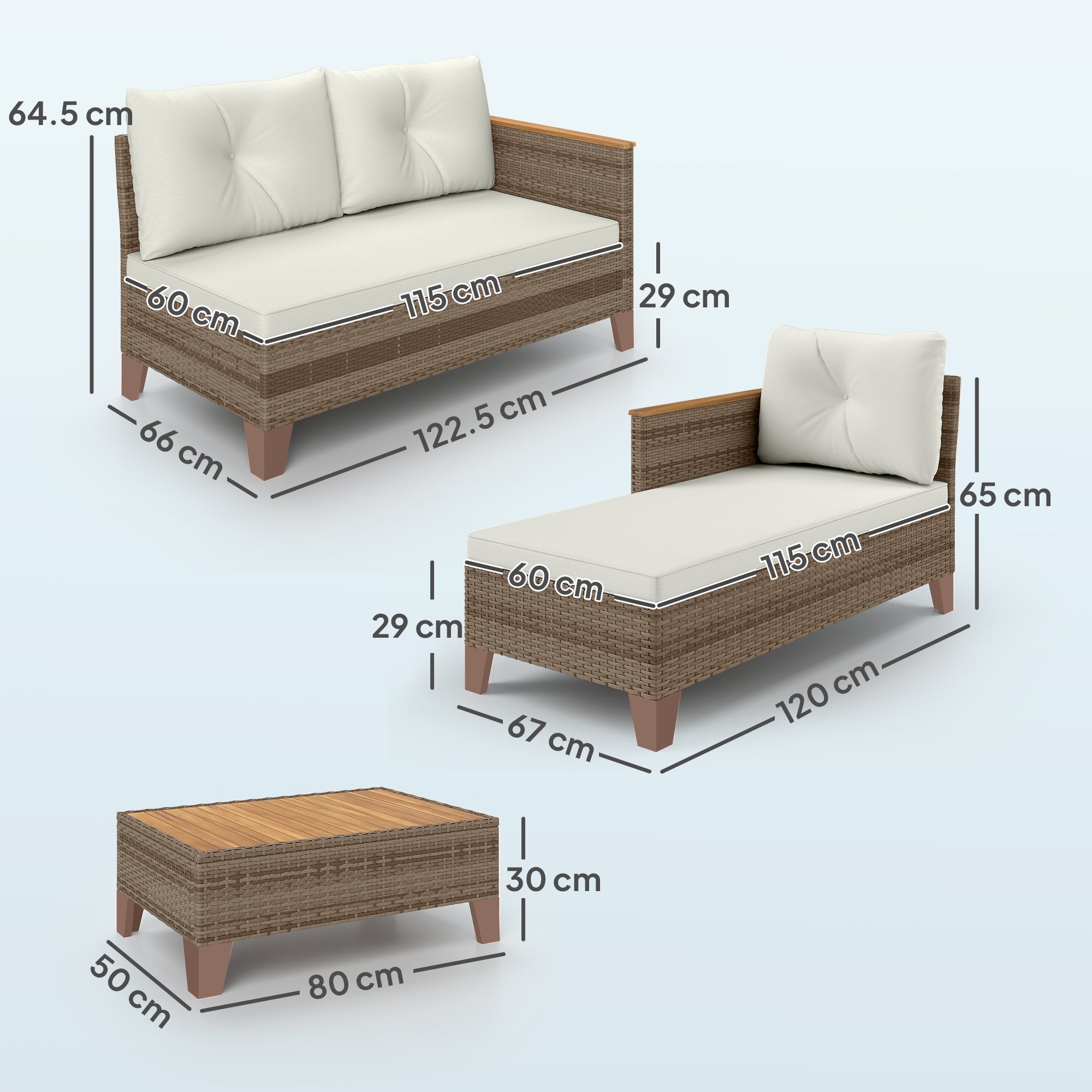 3 Pieces Rattan Garden Furniture Set, L Shaped Garden Conversation Chaise Lounge Furniture with Wood Top Coffee Table and Thick Cushions, Cream