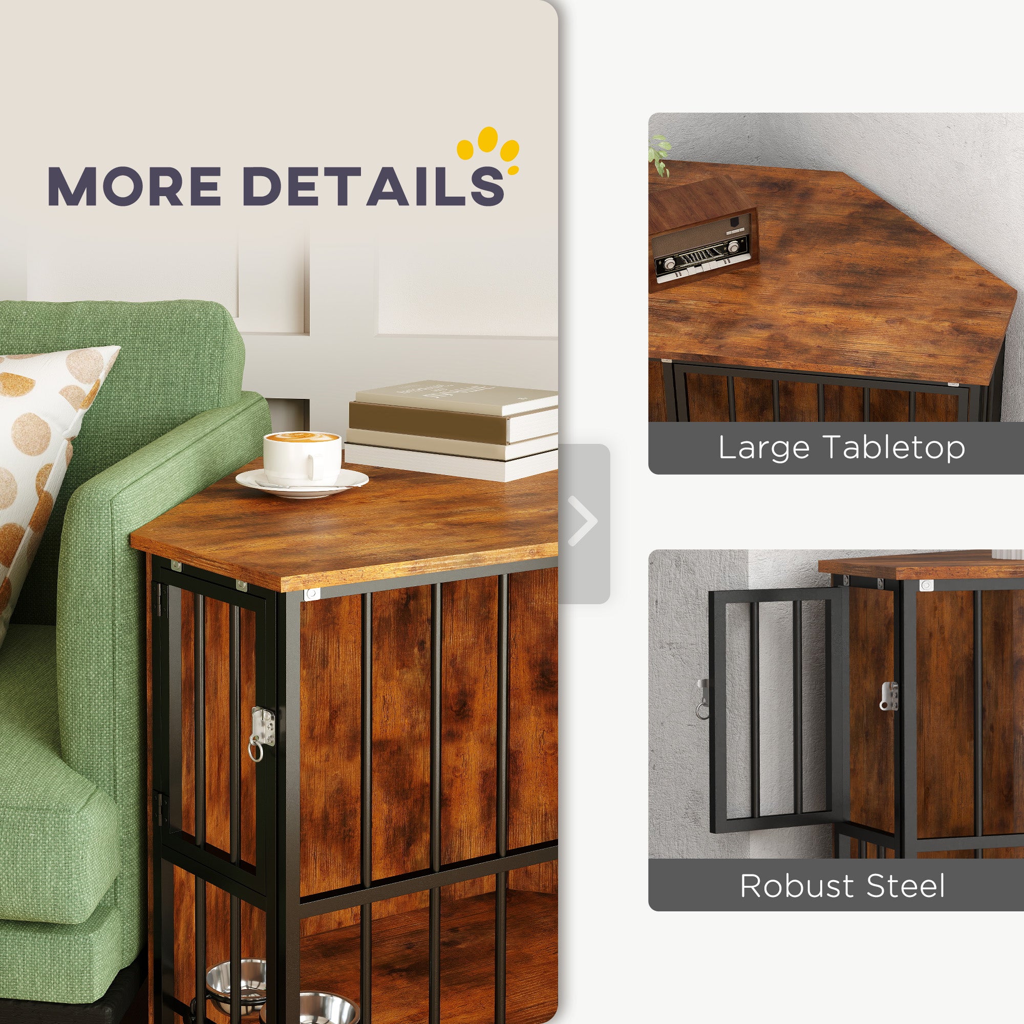 Corner Dog Crate Furniture with 2 Bowls, Lockable Doors, for Small Medium Dogs, Rustic Brown