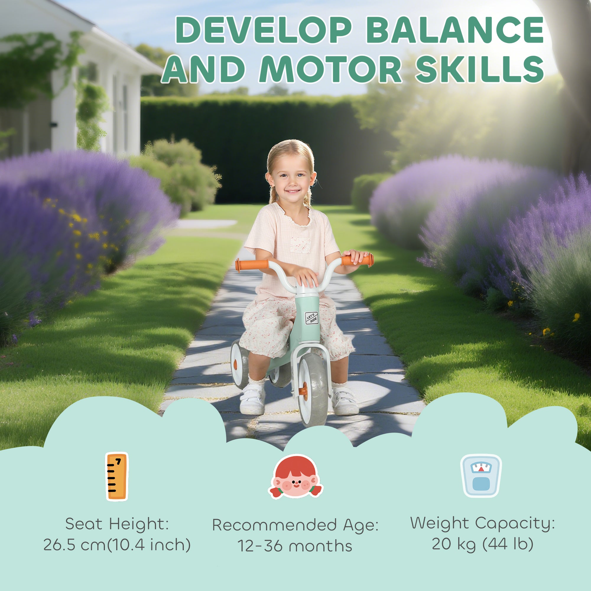 Toddler Balance Bike with No Pedal, 3 Silence Wheels for 12-36 Months Boys and Girls, Indoor Outdoor, Green